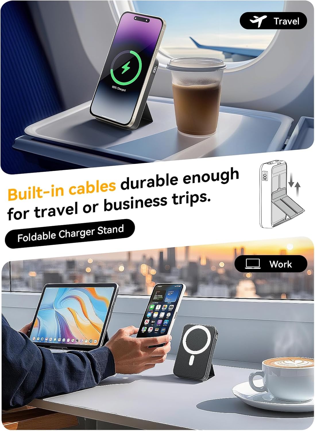 Magnetic Portable Charger, 10000mAh Wireless Power Bank with 20W USB-C Fast Charging, Foldable Stand & LED Display Magnetic Battery Pack, Compatible with iPhone 16/15/14/13/12 All Series-Aldronix