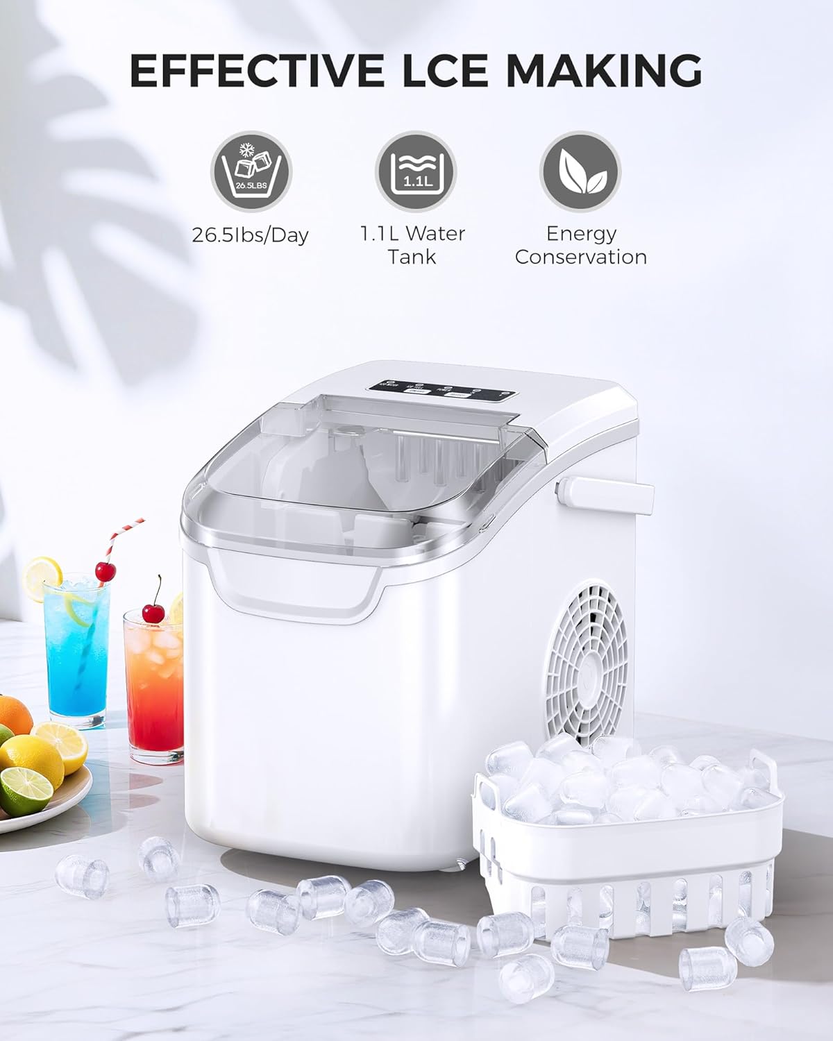 COWSAR Ice Maker Countertop, Portable Ice Machine with Self-Cleaning, 26.5 lbs/24Hrs, 8 Ice Cubes in 6 Mins, Ice Basket and Scoop, Ideal for Home, Kitchen, Bar, Camping-Aldronix