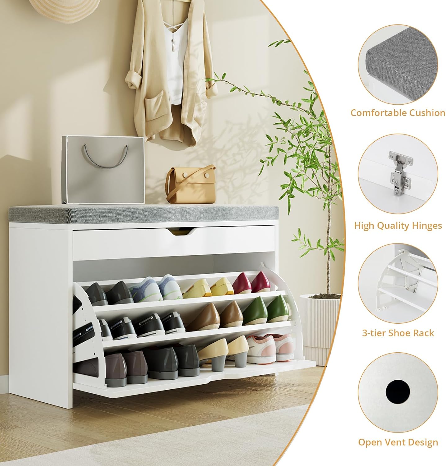  Shoe Storage Bench with 3-Tier Flip Drawer, Shoe Rack Bench with Adjustable Shelves & Hidden Storage Space, Shoe Organizer for Entryway, Hallway, Living Room, White-Aldronix