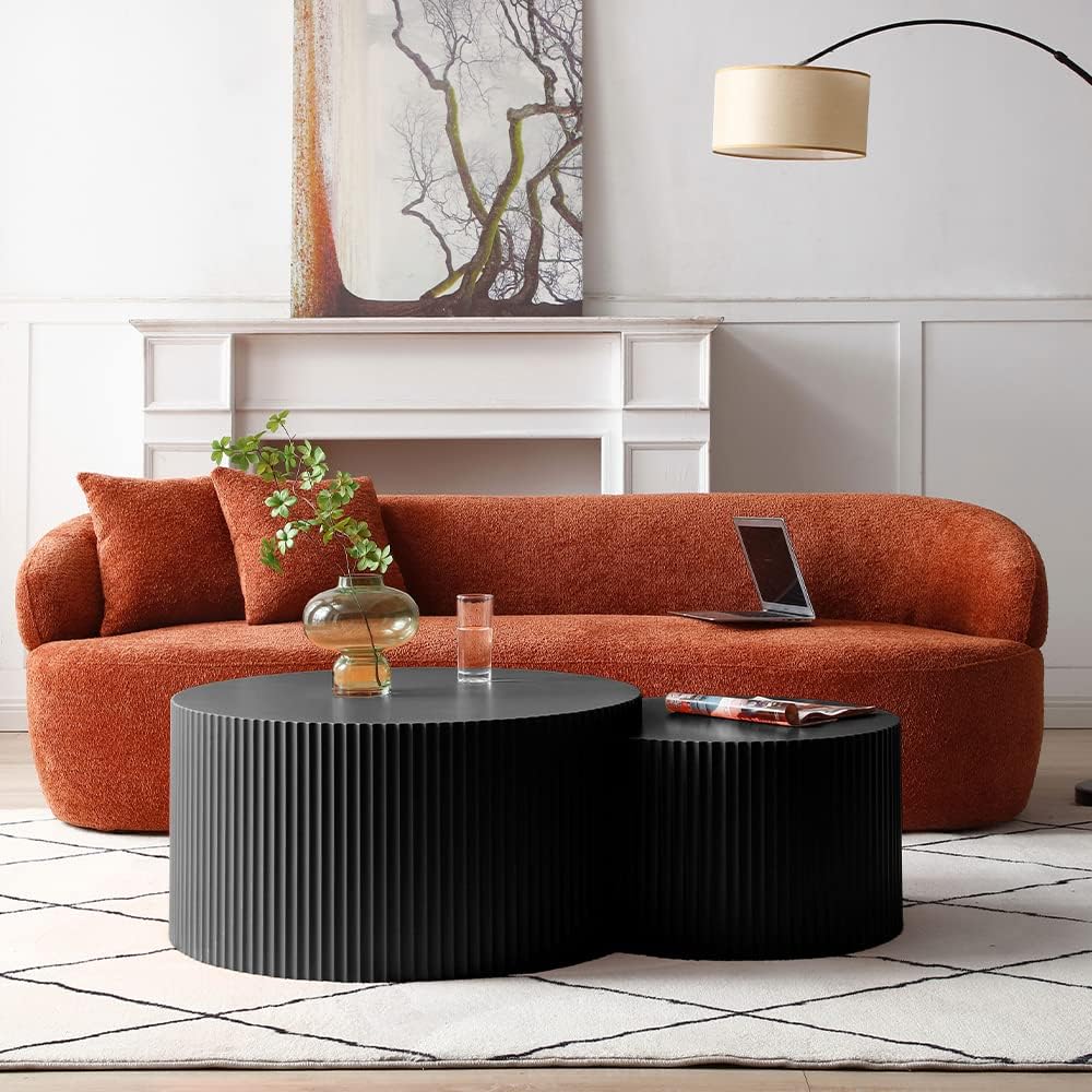Nesting Coffee Table Set of 2, Round & Crescent Moon Wooden Coffee Tables, Modern Luxury Accent End Tea Table for Living Room Apartment (Black-Round)-Aldronix