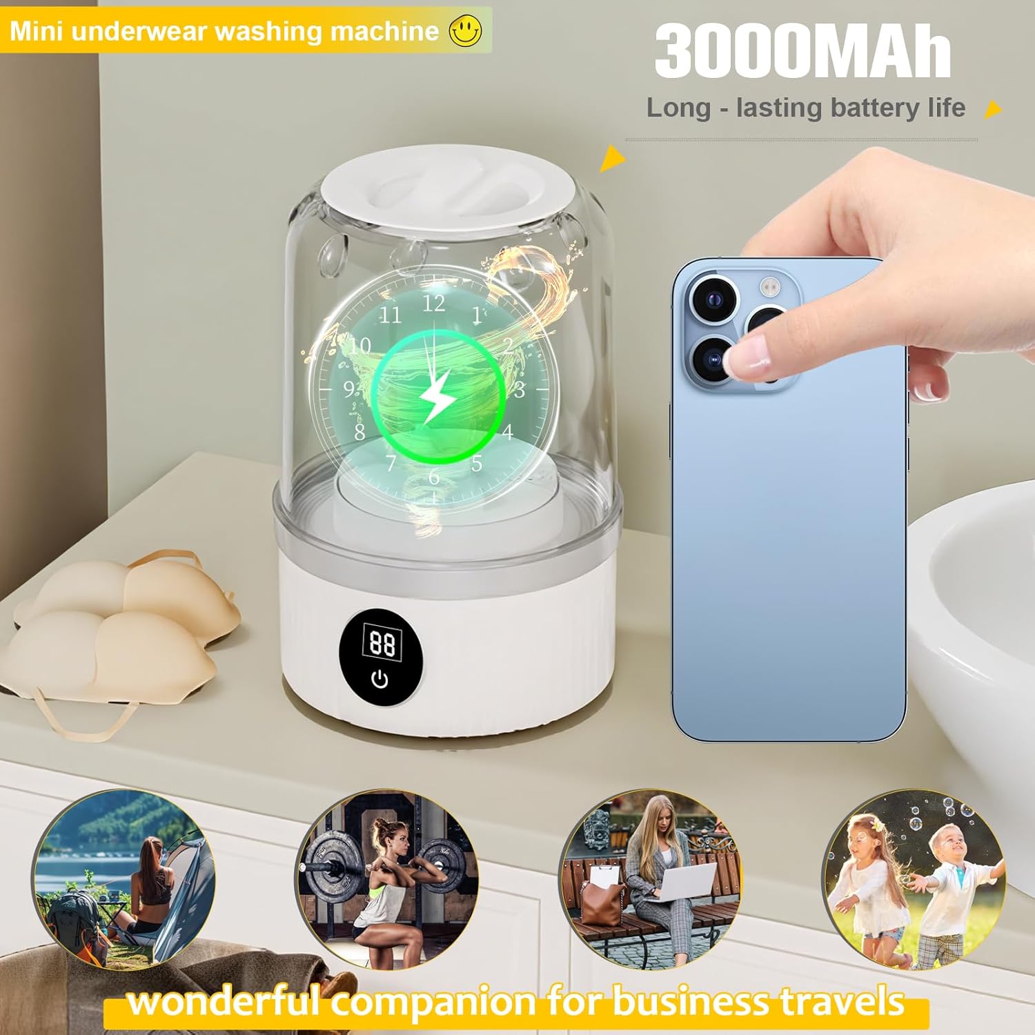 Underwear Washer, Portable Mini Washing Machine, 2025 Upgraded Mini Washings Machines, Rechargeable Cordless Washing-Machine, Laundry Cup for Bra, Underwear, Socks (white)-Aldronix