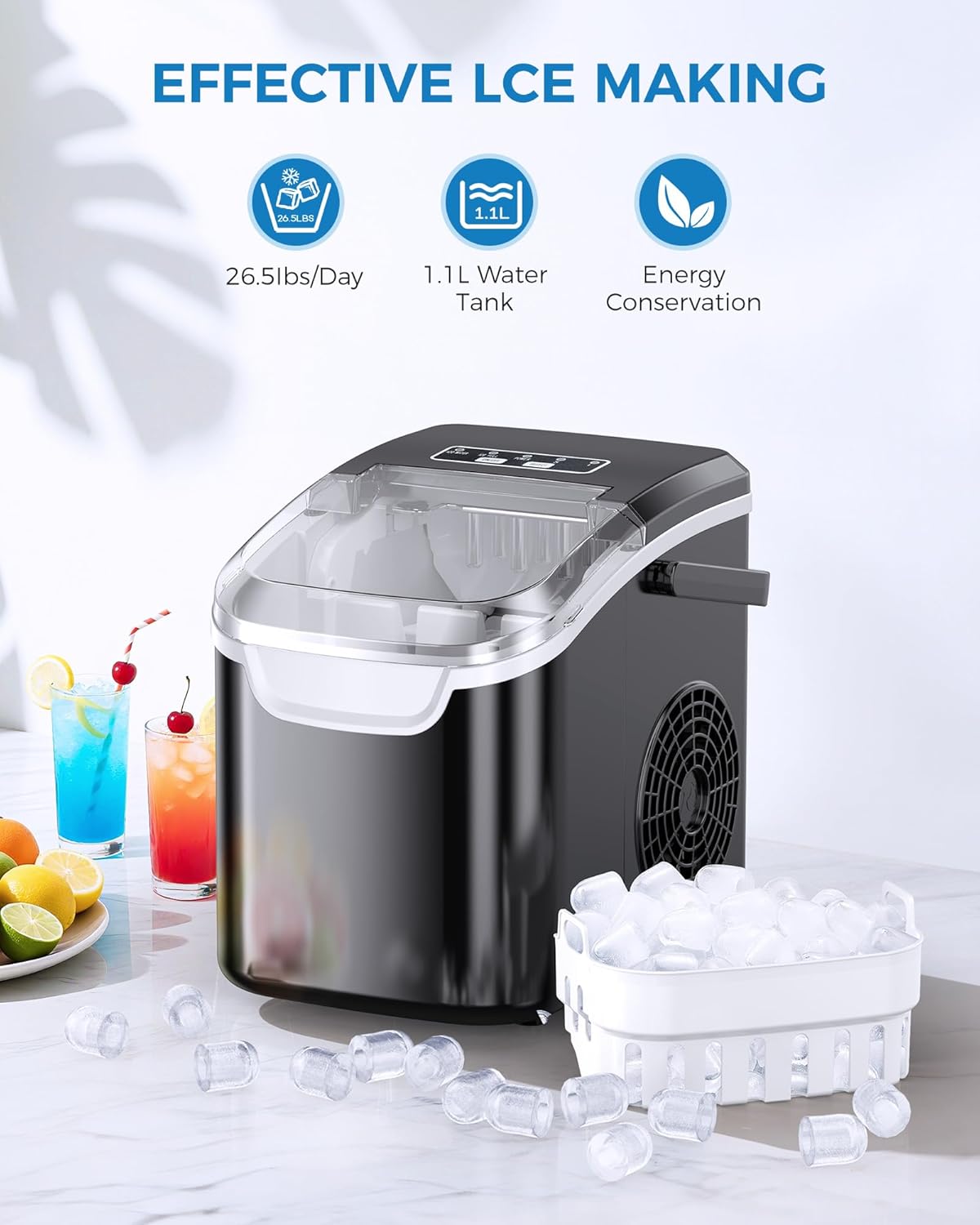 COWSAR Ice Maker Countertop, Portable Ice Machine with Self-Cleaning, 26.5 lbs/24Hrs, 8 Ice Cubes in 6 Mins, Ice Basket and Scoop, Ideal for Home, Kitchen, Bar, Camping-Aldronix