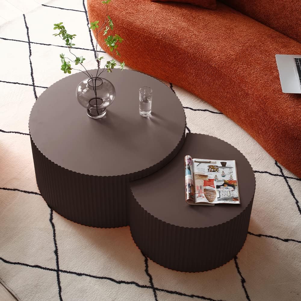 Nesting Coffee Table Set of 2, Round & Crescent Moon Wooden Coffee Tables, Modern Luxury Accent End Tea Table for Living Room Apartment (Black-Round)-Aldronix