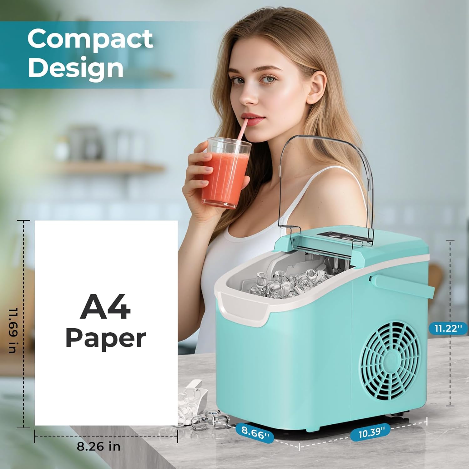 Ice Maker Countertop, Efficient Easy Carry Ice Machine, Self-Cleaning Ice Maker with Ice Scoop & Basket, 9pcs/ 8mins 26.6Lbs Per Day for Home/Office/Kitchen,Black-Aldronix