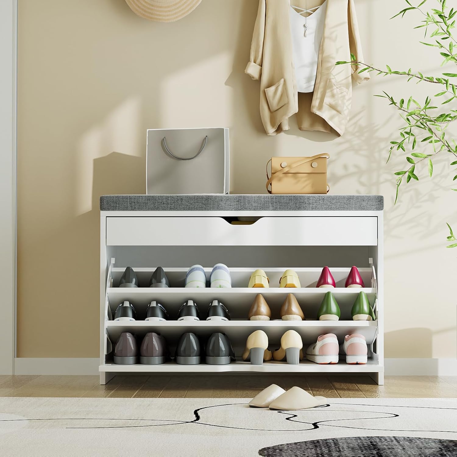  Shoe Storage Bench with 3-Tier Flip Drawer, Shoe Rack Bench with Adjustable Shelves & Hidden Storage Space, Shoe Organizer for Entryway, Hallway, Living Room, White-Aldronix