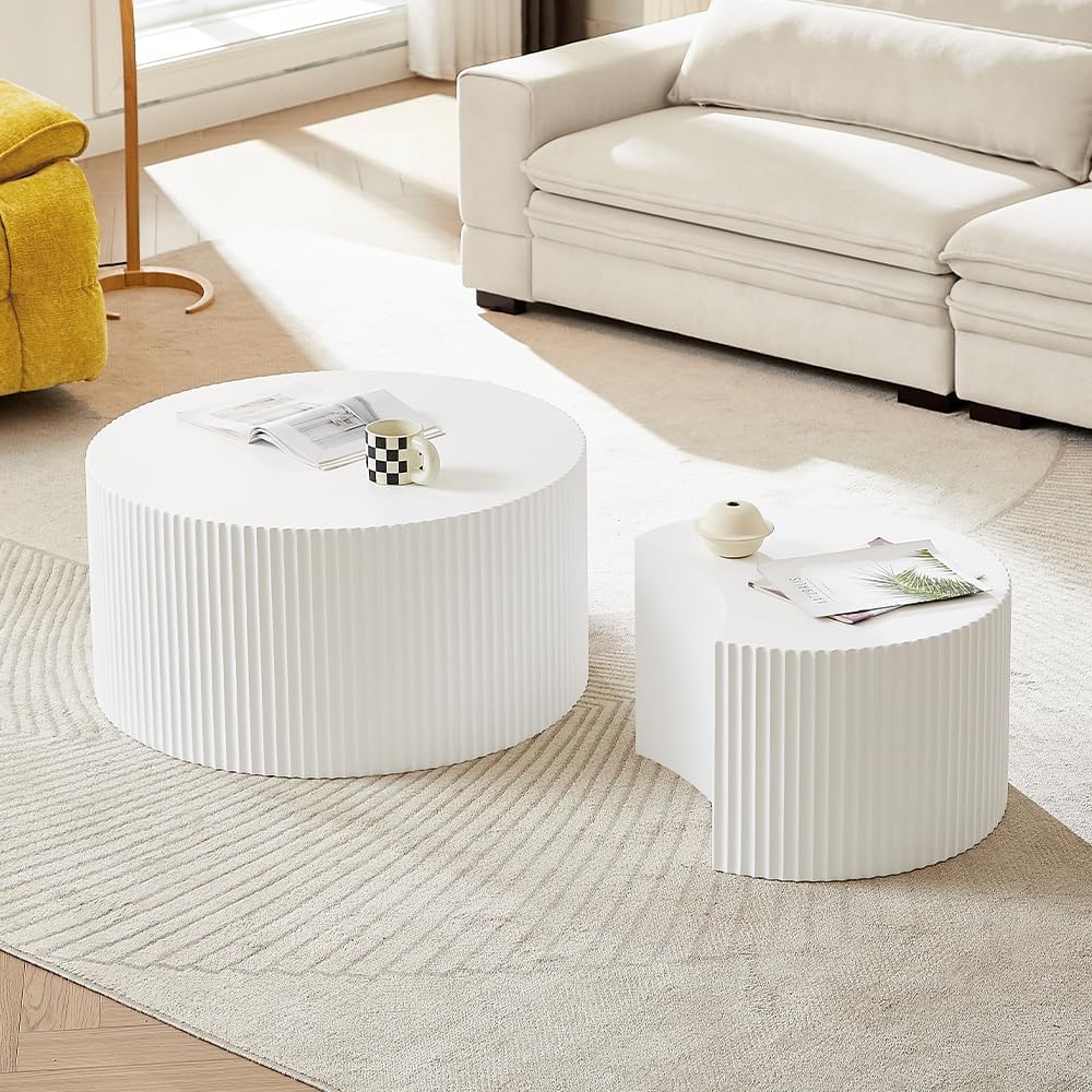 Nesting Coffee Table Set of 2, Round & Crescent Moon Wooden Coffee Tables, Modern Luxury Accent End Tea Table for Living Room Apartment (Black-Round)-Aldronix