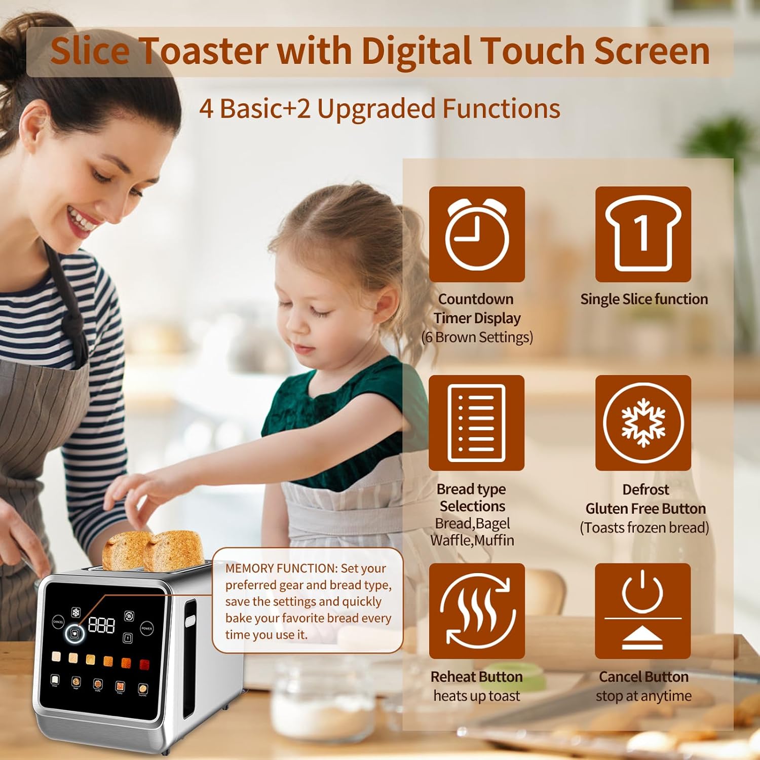 Toaster Touch Screen Toaster 2 Slice with LCD Display Stainless Steel Digital Timer Toasters 6 Bread Types& 6 Shade Settings Smart Extra Wide Slots Tostadora With Bagel Cancel,Defrost Functions-Aldronix