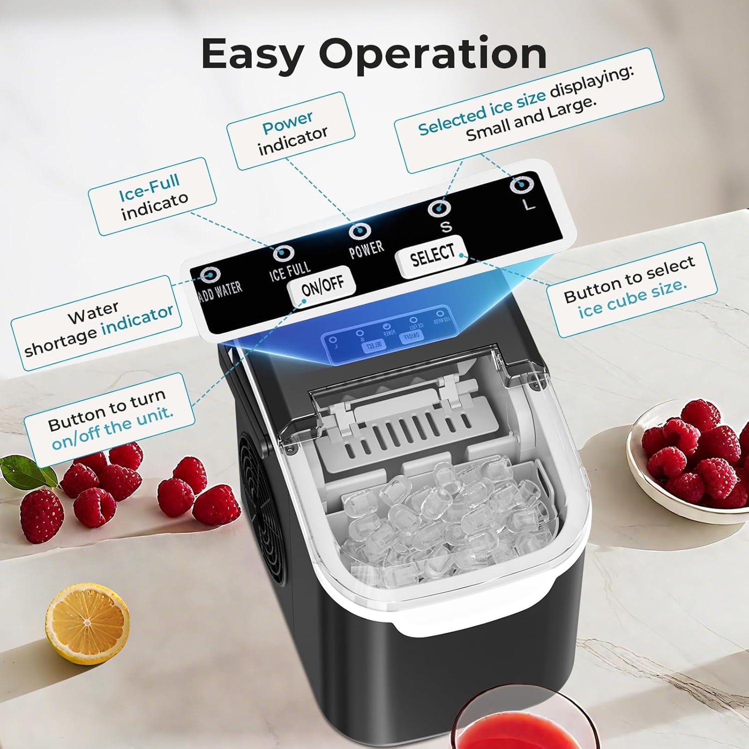 Ice Maker Countertop, Efficient Easy Carry Ice Machine, Self-Cleaning Ice Maker with Ice Scoop & Basket, 9pcs/ 8mins 26.6Lbs Per Day for Home/Office/Kitchen,Black-Aldronix