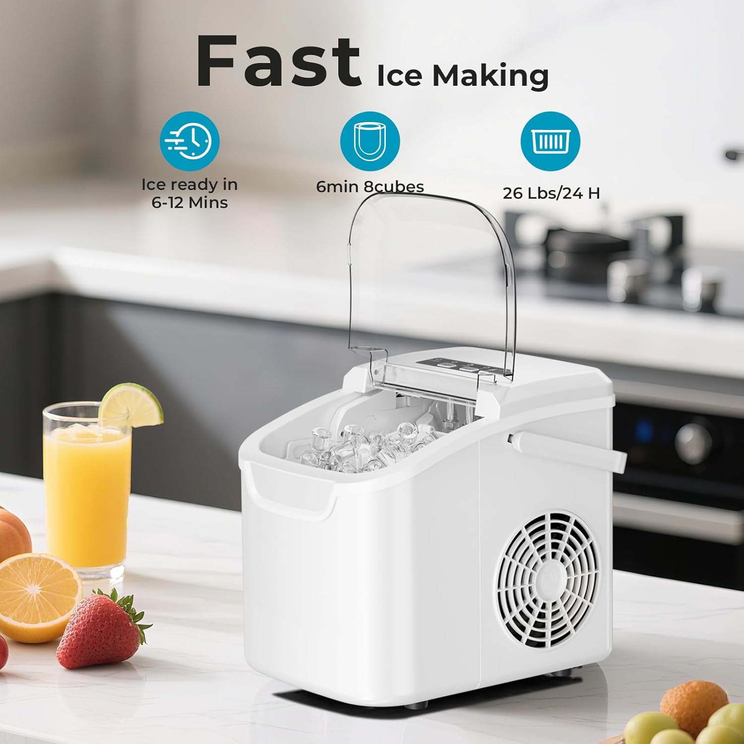 Ice Maker Countertop, Efficient Easy Carry Ice Machine, Self-Cleaning Ice Maker with Ice Scoop & Basket, 9pcs/ 8mins 26.6Lbs Per Day for Home/Office/Kitchen,Black-Aldronix