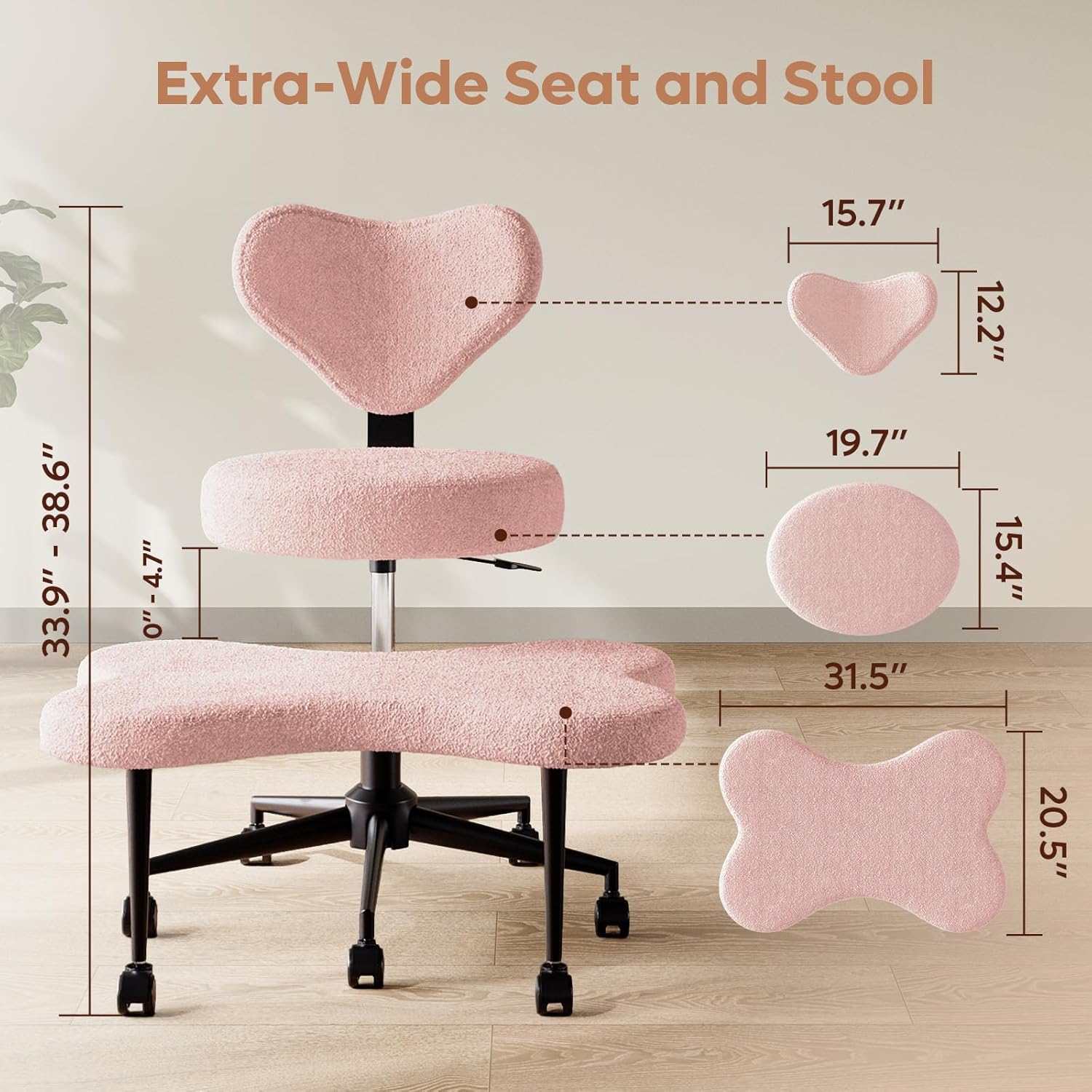 Ergonomic Cross Legged Chair, 360° Swivel Meditation Chair with Wheels, Height Adjustable Seat for ADHD, Strong Lumbar Support, Chic Home Office Furniture, Teddy Fabric, Off White-Aldronix