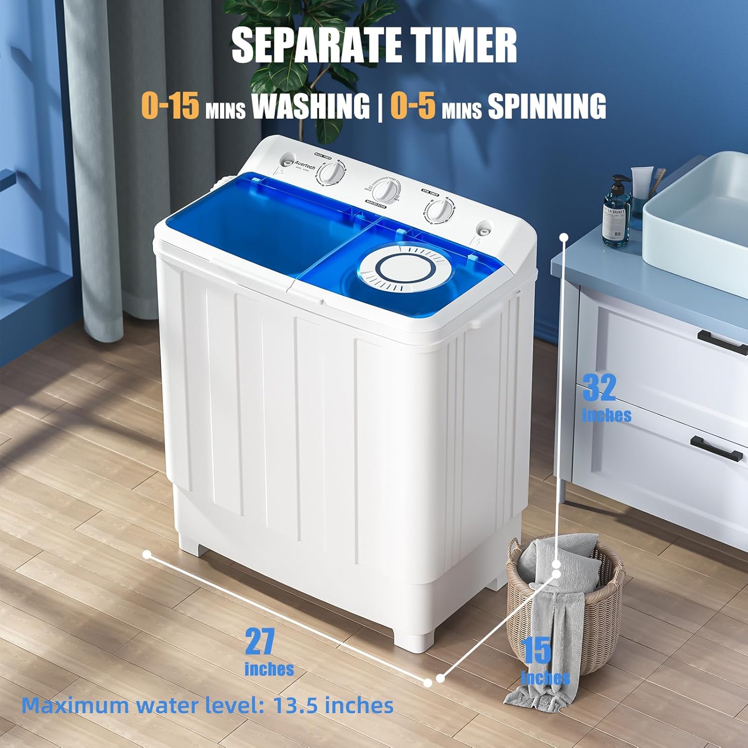 Auertech Portable Washing Machine, 28lbs Twin Tub Washer Mini Compact Laundry Machine with Drain Pump, Semi-automatic 18lbs Washer 10lbs Spinner Combo for Dorms, Apartments, RVs-Aldronix