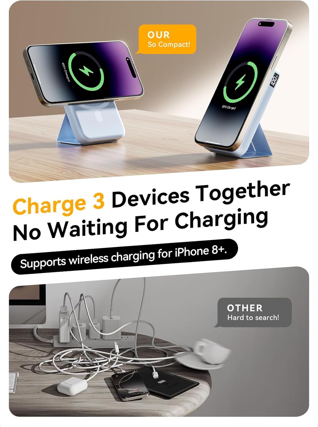 Magnetic Portable Charger, 10000mAh Wireless Power Bank with 20W USB-C Fast Charging, Foldable Stand & LED Display Magnetic Battery Pack, Compatible with iPhone 16/15/14/13/12 All Series-Aldronix