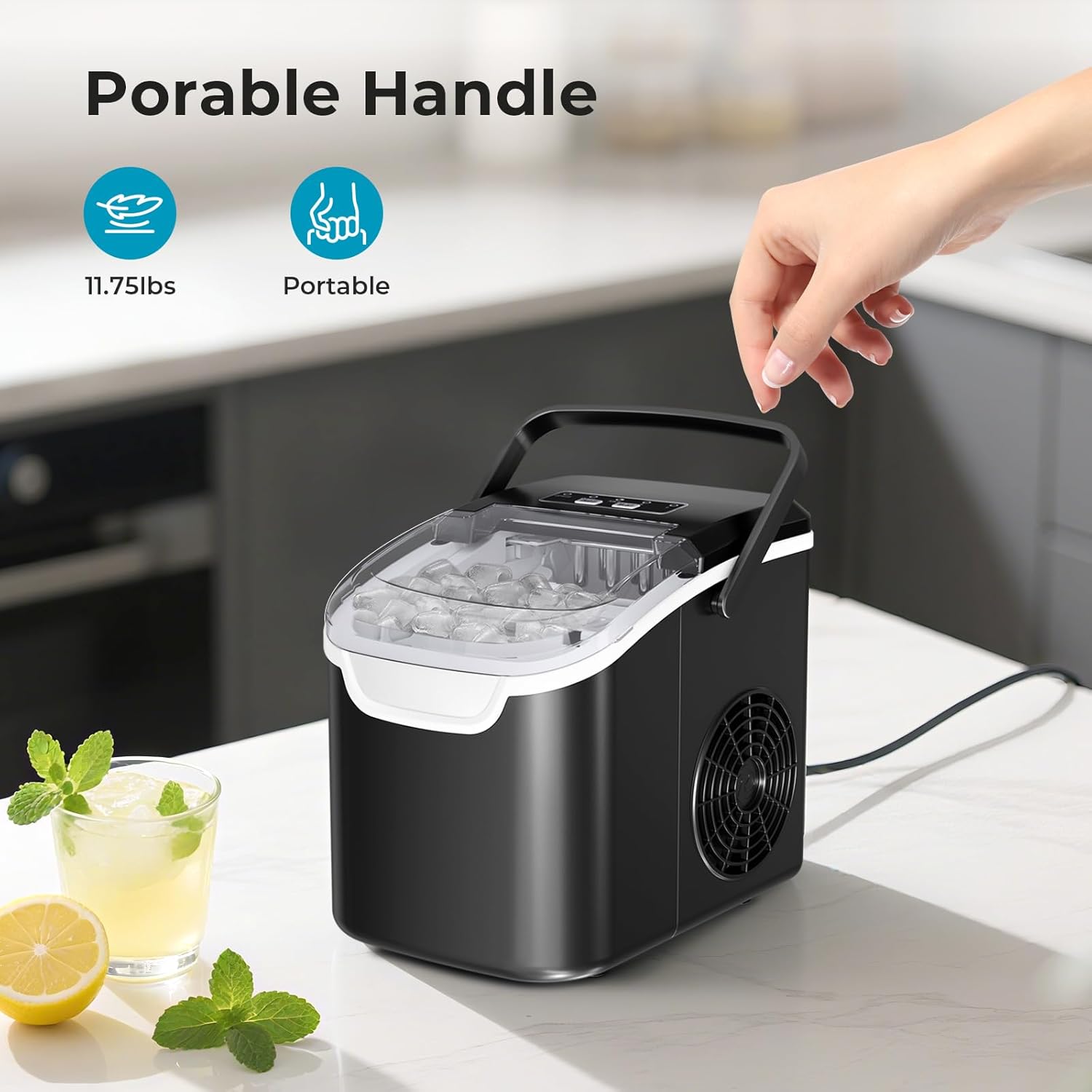 Ice Maker Countertop, Efficient Easy Carry Ice Machine, Self-Cleaning Ice Maker with Ice Scoop & Basket, 9pcs/ 8mins 26.6Lbs Per Day for Home/Office/Kitchen,Black-Aldronix