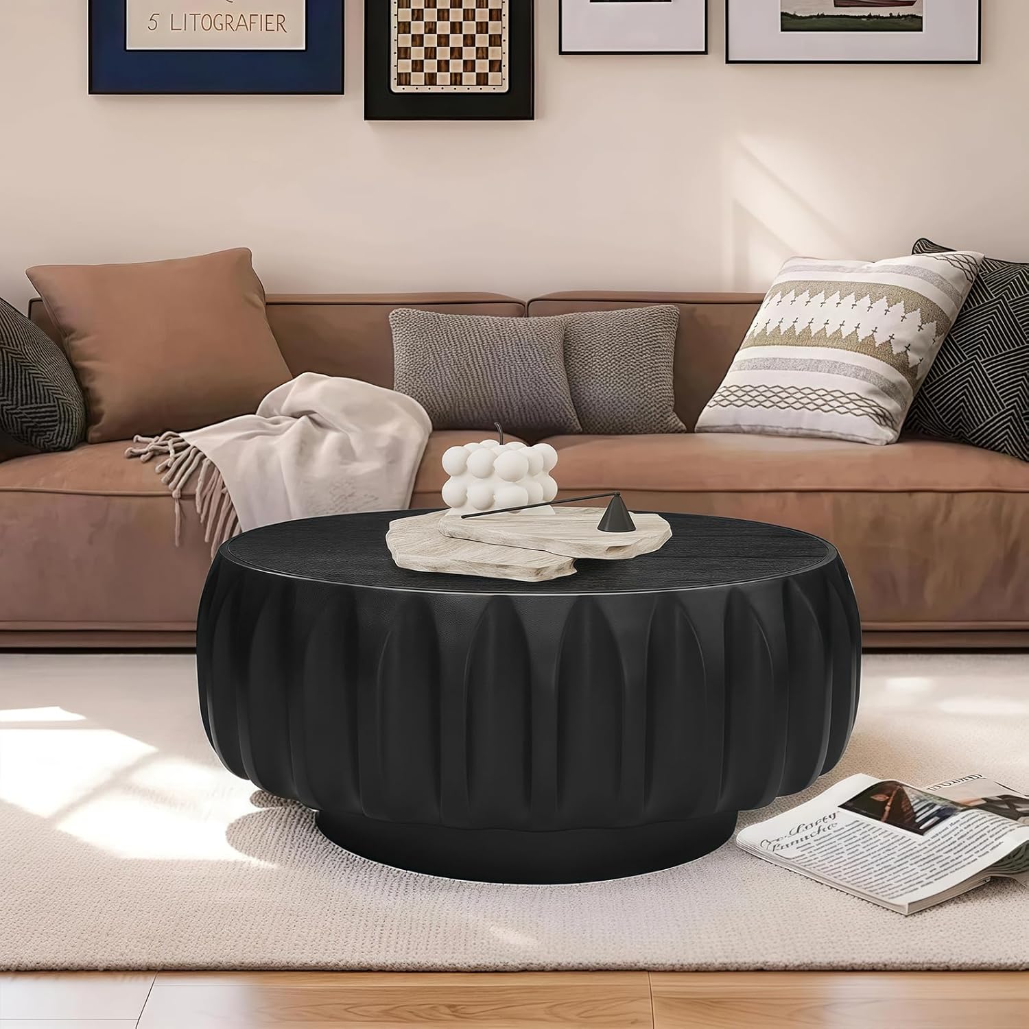 Nesting Coffee Table Set of 2, Round & Crescent Moon Wooden Coffee Tables, Modern Luxury Accent End Tea Table for Living Room Apartment (Black-Round)-Aldronix