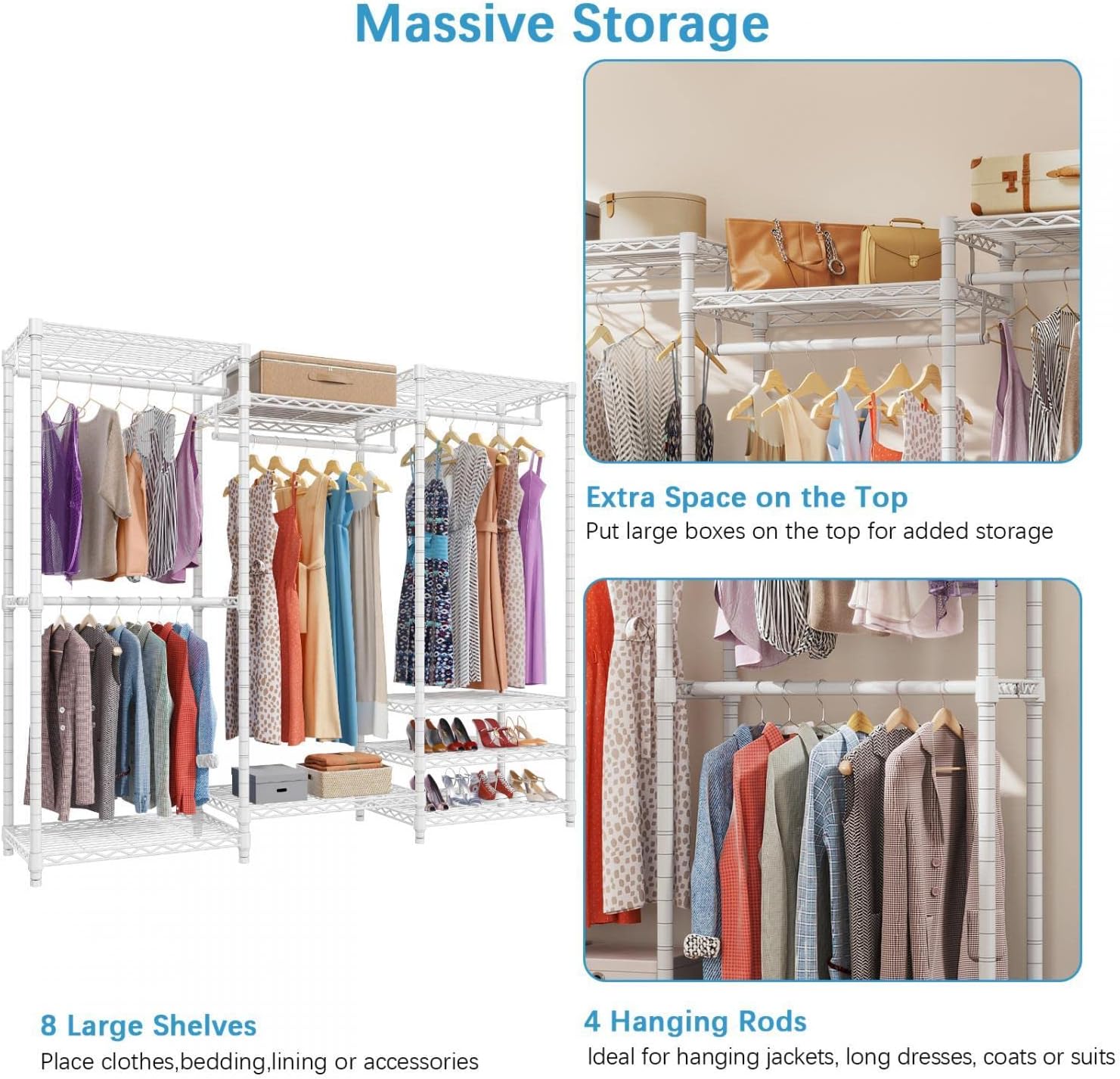Portable Closet Wardrobe Heavy Duty Clothes Rack, with 4 Hang Rods & 8 Shelves, Adjustable Closet Racks, 68.9" L x 15.7" W x 76.4" H, Max Load 890LBS, Black-Aldronix