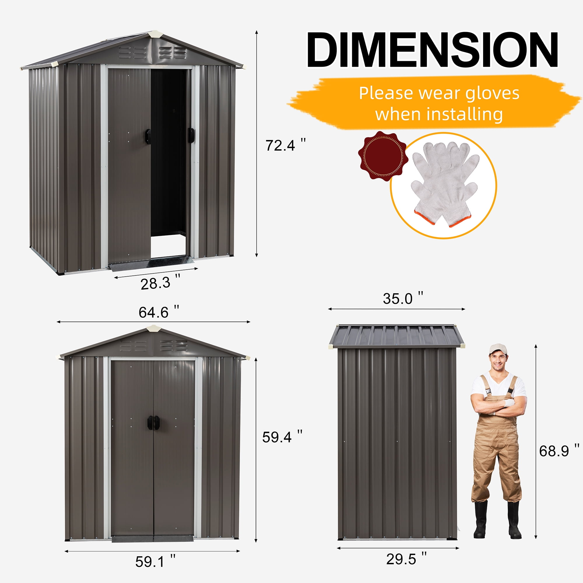 5X3 FT Outdoor Storage Shed,Waterproof Metal Garden Sheds with Lockable Double Door,Weather Resistant Steel Tool Storage House Shed Grey-Aldronix