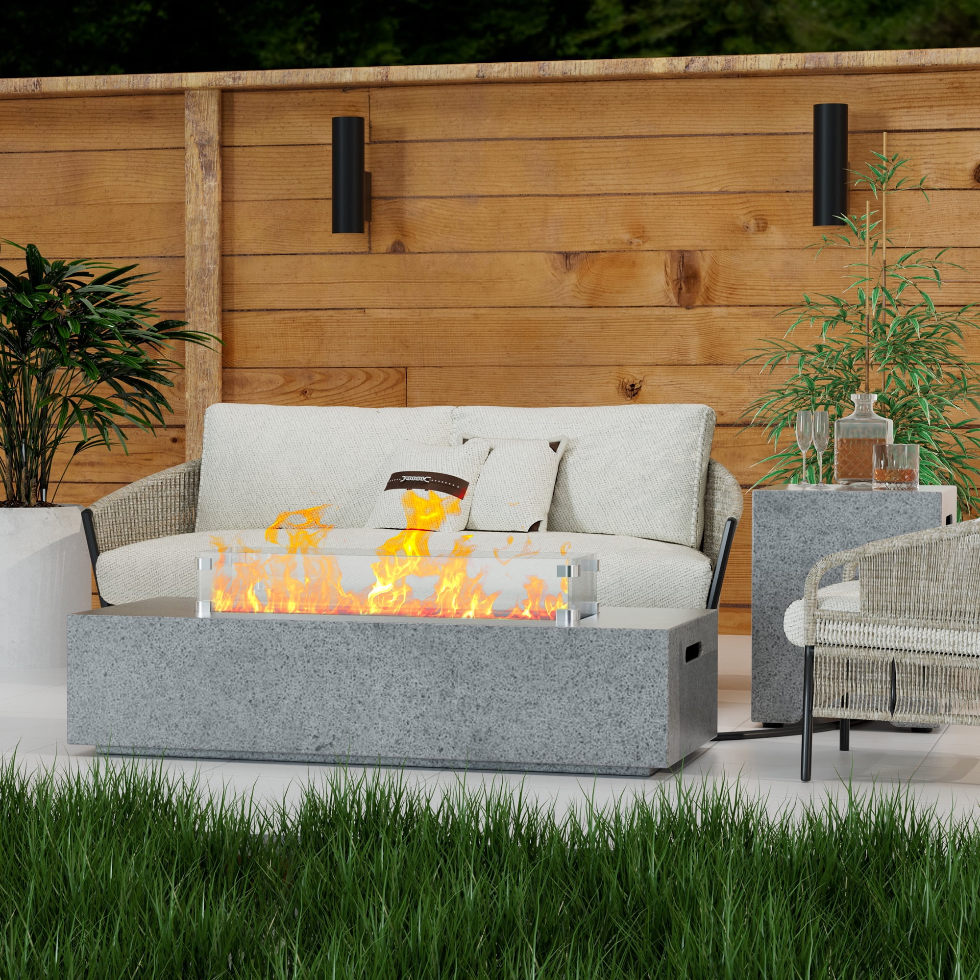 56 inch Concrete Propane Fire Pit Table, 50,000 BTU Outdoor Firepit Rectangular Table with Propane Tank Metal Stand, Fire Glass Beads and Waterproof Cover, White-Aldronix