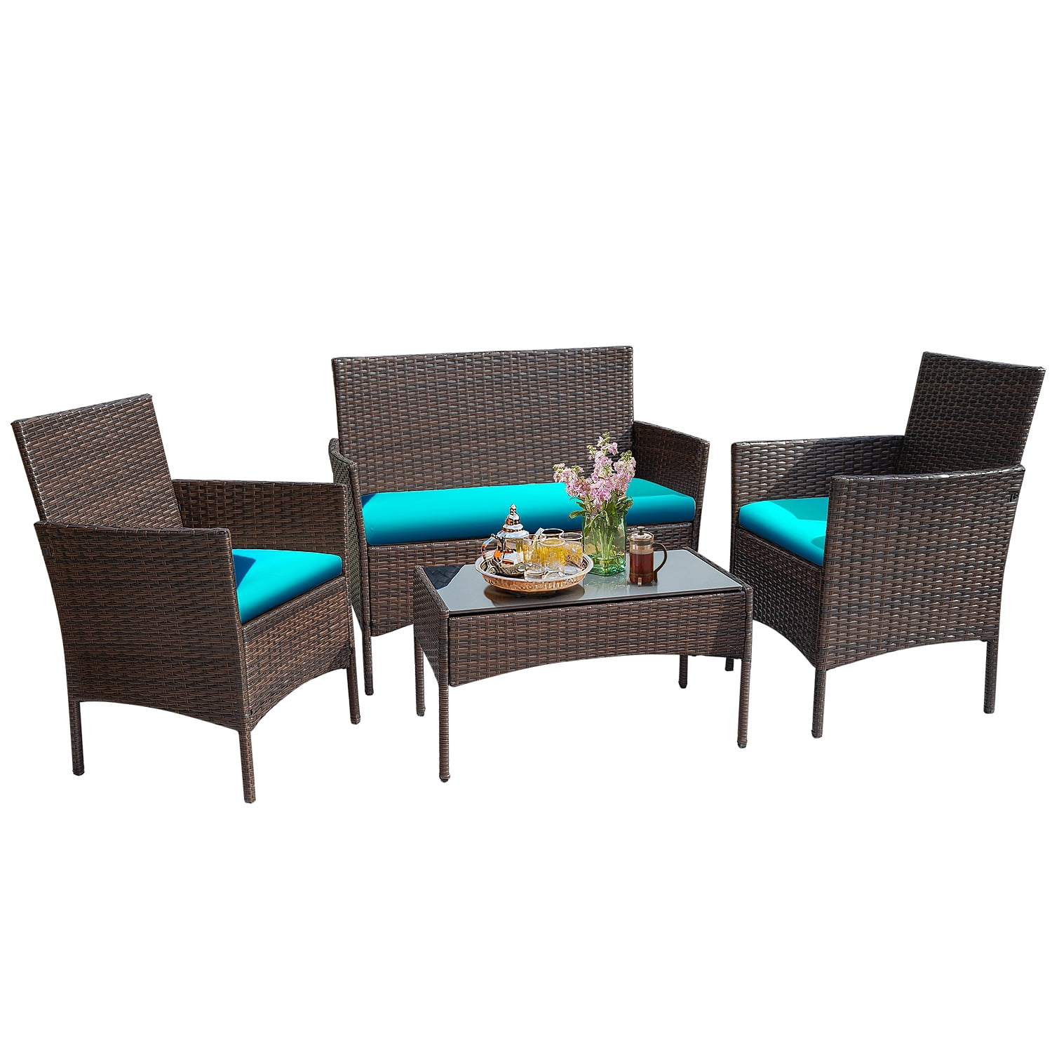 4 Pieces Patio Conversation Set Outdoor PE Rattan Wicker Chairs Set and Table, Brown-Aldronix