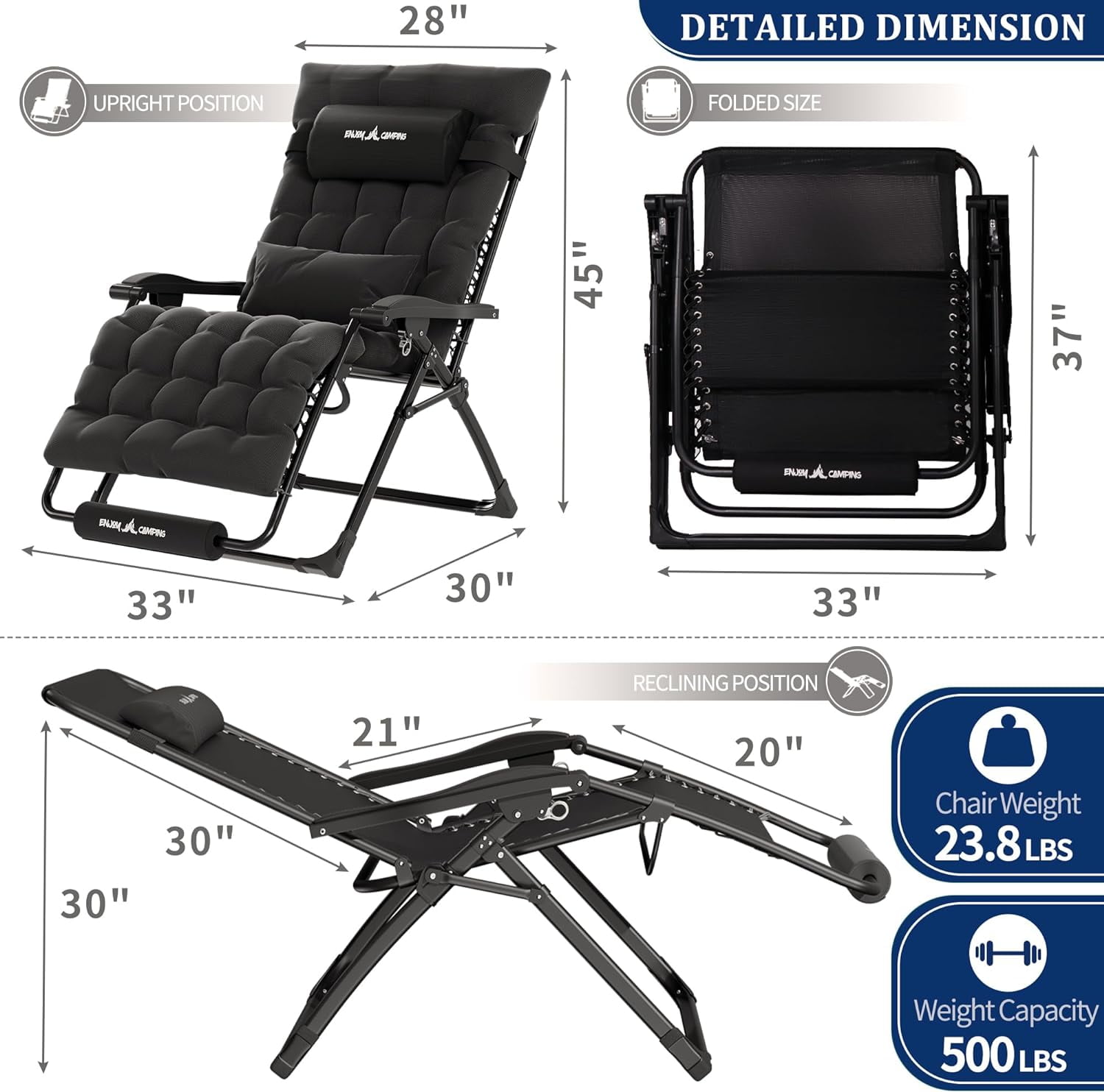 Oversized Zero Gravity Chair 33In XXL Patio Reclining Chair with Cushion, Outdoor Folding Adjustable Recliner with Cup Holder, Foot Rest & Padded Headrest, Support 500LB, Black-Aldronix