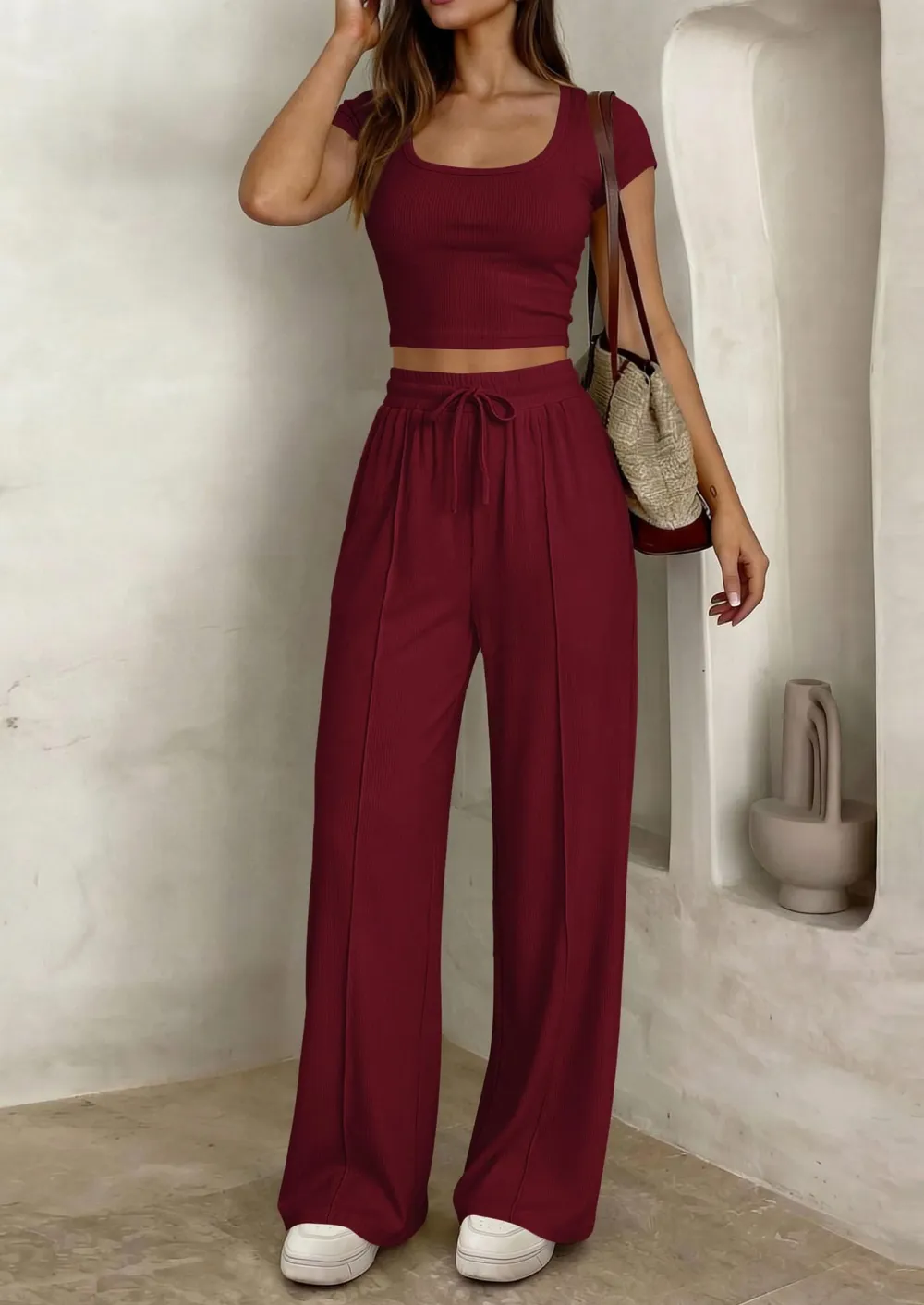 Women's 2 Piece Outfits Square Neck Crop Top High Waist Wide Leg Pants Loungewear Set-Aldronix