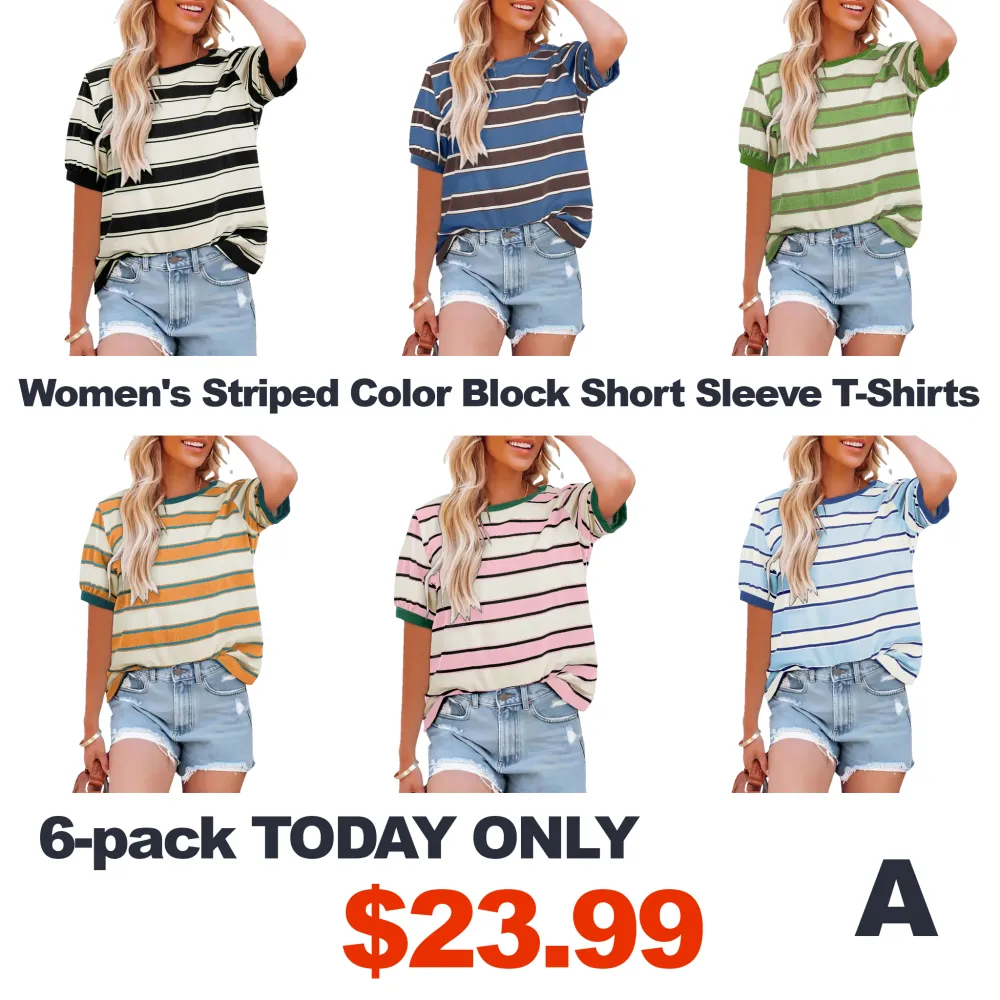 Women's Striped Color Block Short Sleeve T-Shirts - 95% Cotton + 5% Elastane Breathable Lightweight Soft Durable-Aldronix