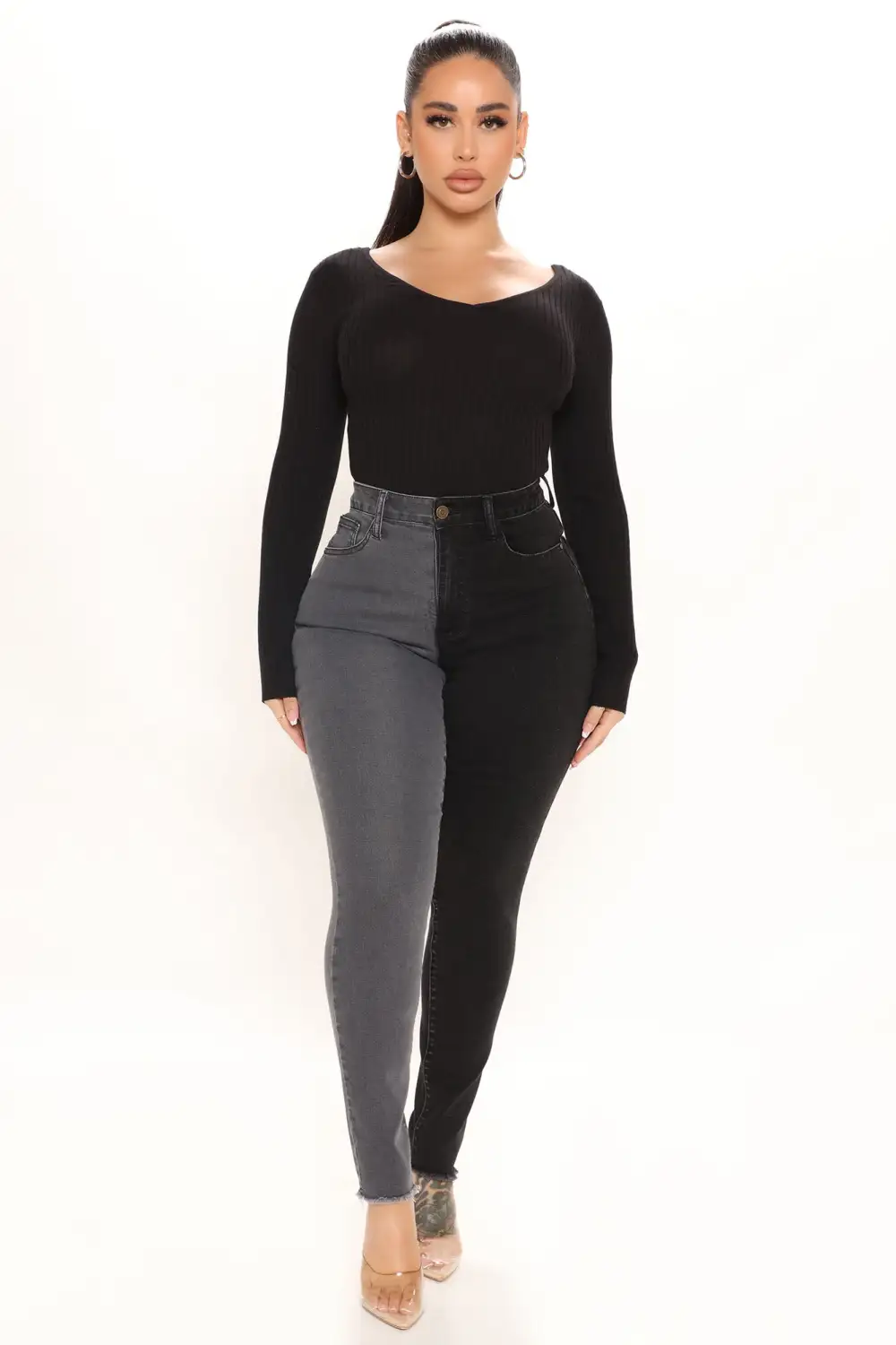 Half And Half Contrast High Rise Skinny Jeans - Black/Grey-Aldronix