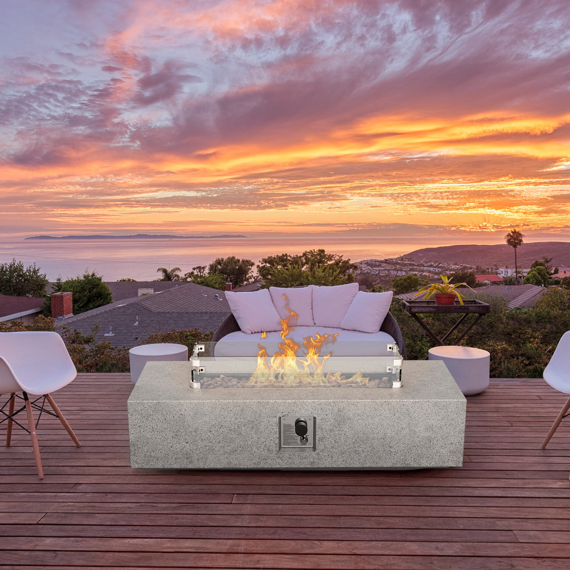 56 inch Concrete Propane Fire Pit Table, 50,000 BTU Outdoor Firepit Rectangular Table with Propane Tank Metal Stand, Fire Glass Beads and Waterproof Cover, White-Aldronix