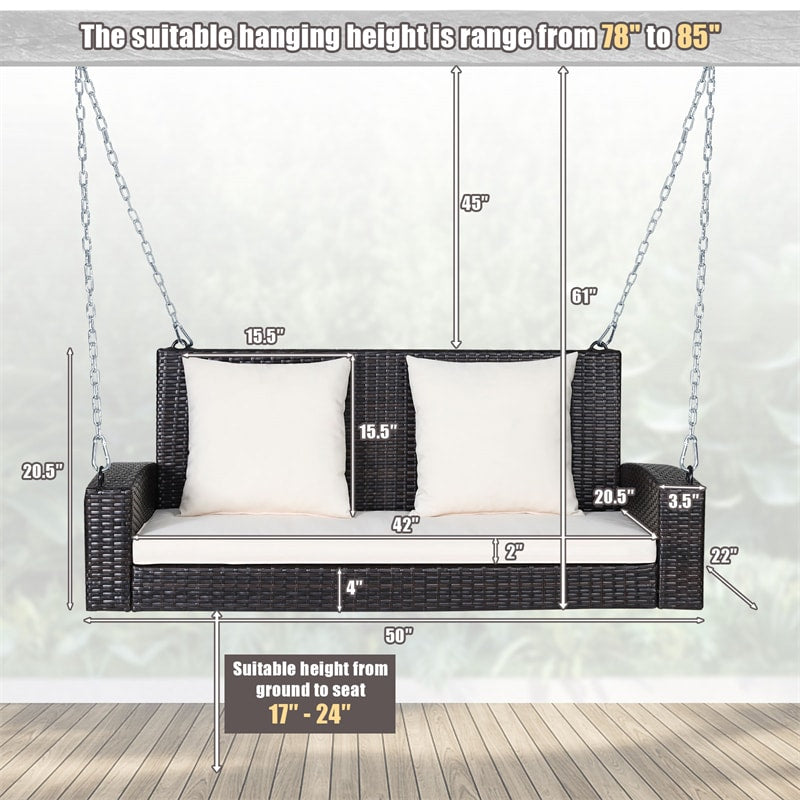 2-Person Outdoor Wicker Hanging Porch Swing Bench with 3 Cushions-Aldronix