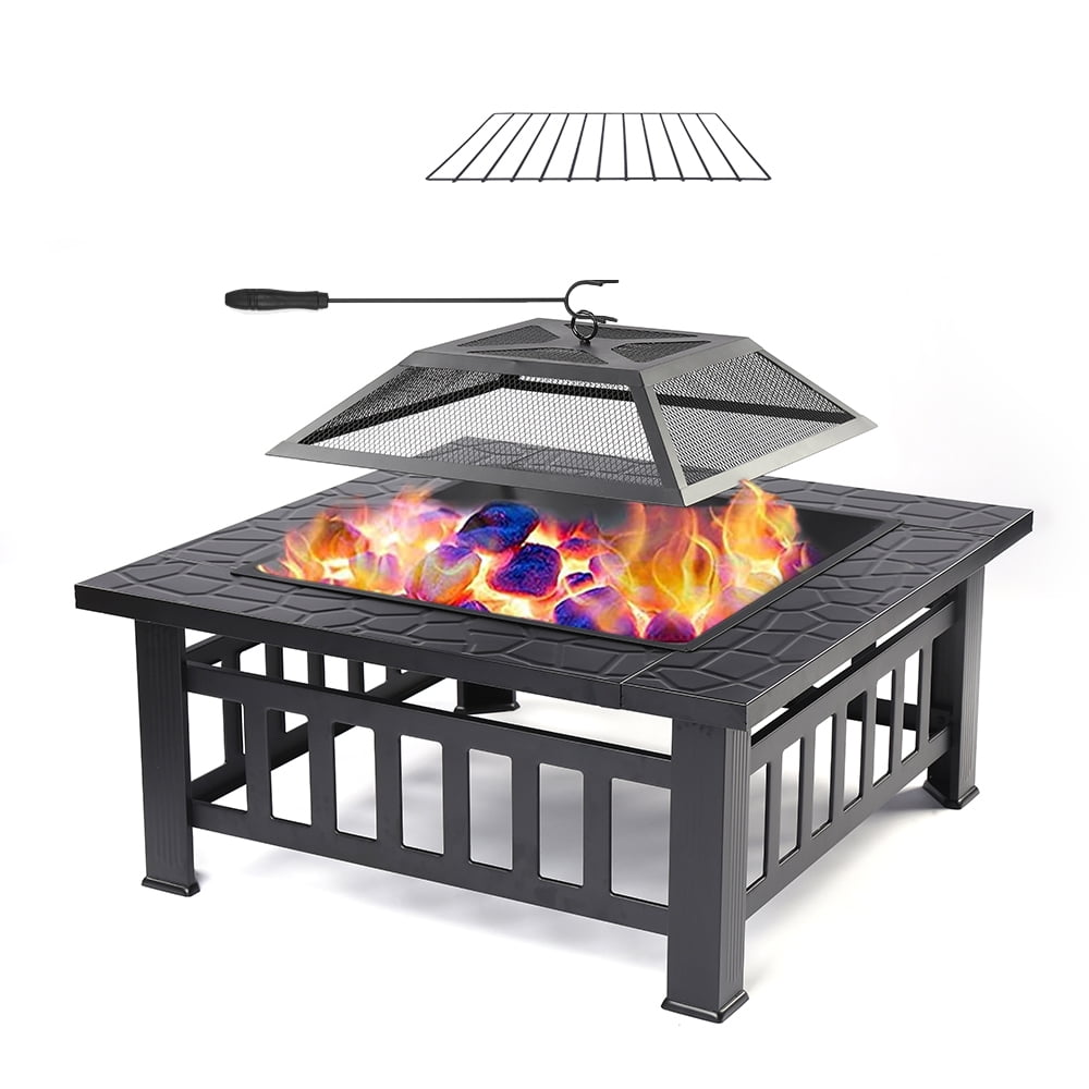 Outdoor Fire Pit, 32" Square Metal Fire Pit Table with Spark Screen & Log Poker, Stove Wood Burning Fire Pit Bowl, Ideal for Yard Patio Beach Picnic Bonfire-Aldronix