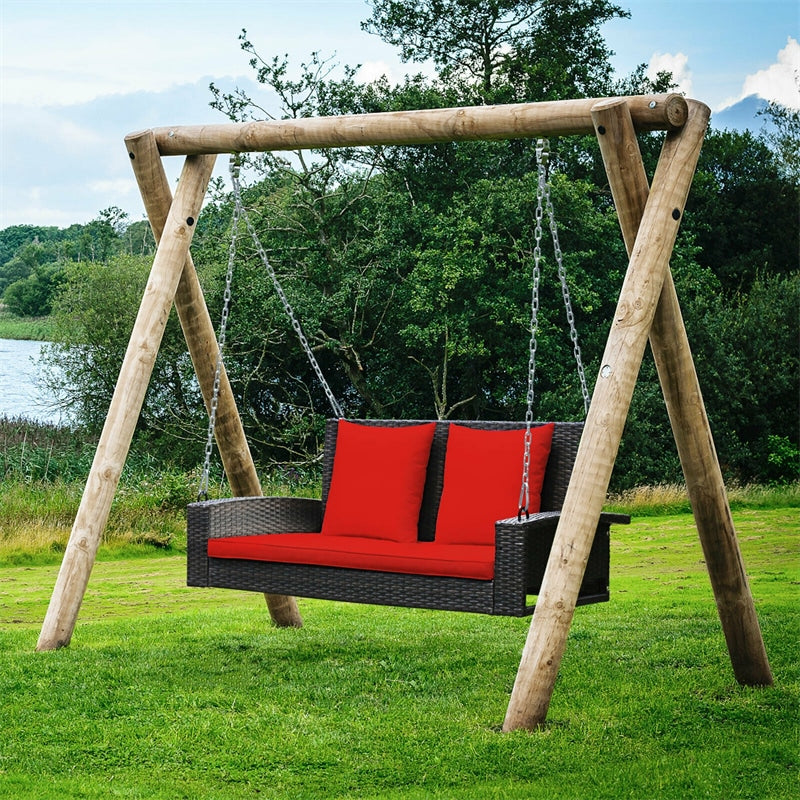 2-Person Outdoor Wicker Hanging Porch Swing Bench with 3 Cushions-Aldronix