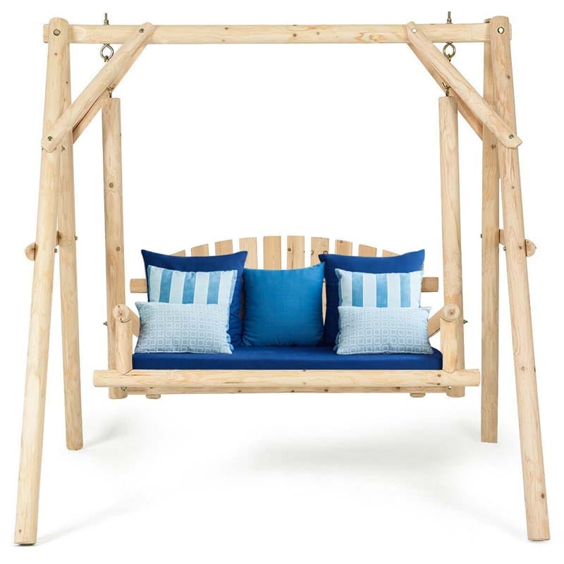 Wooden Hanging Porch Swing Outdoor Swing Bench Chair with Curved Back-Aldronix