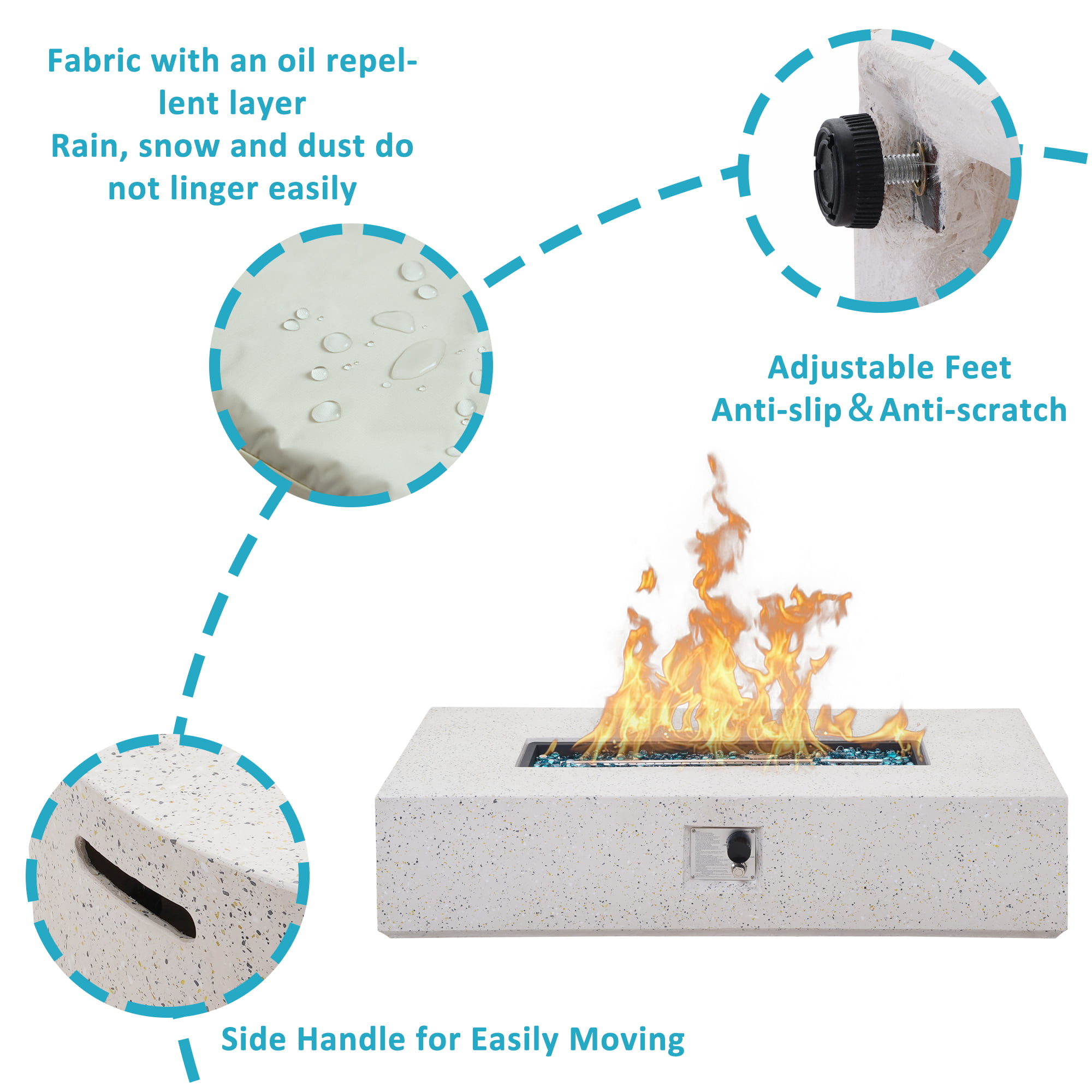 56 inch Concrete Propane Fire Pit Table, 50,000 BTU Outdoor Firepit Rectangular Table with Propane Tank Metal Stand, Fire Glass Beads and Waterproof Cover, White-Aldronix
