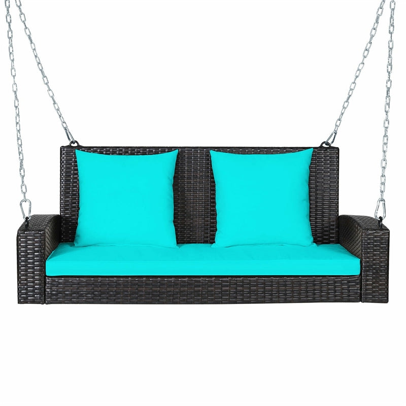 2-Person Outdoor Wicker Hanging Porch Swing Bench with 3 Cushions-Aldronix