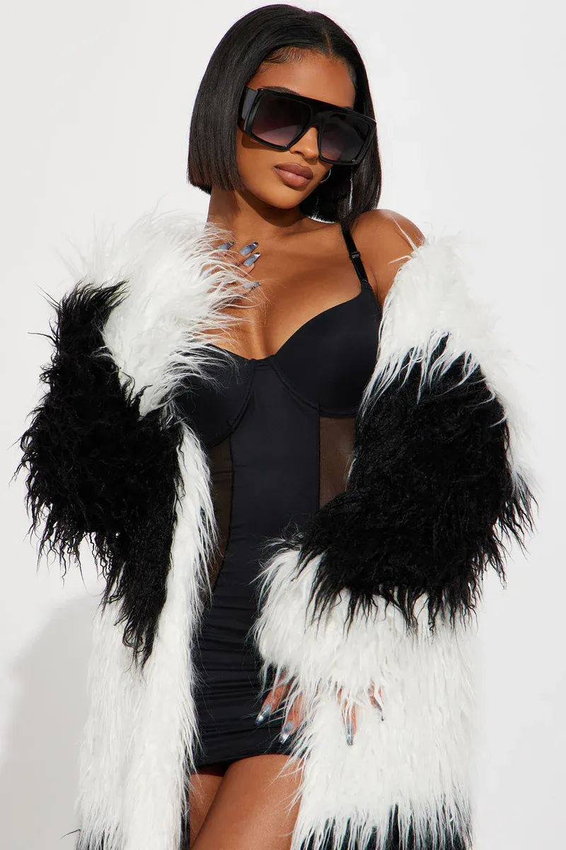 Divine Faux Fur Coat - Black/White-Aldronix