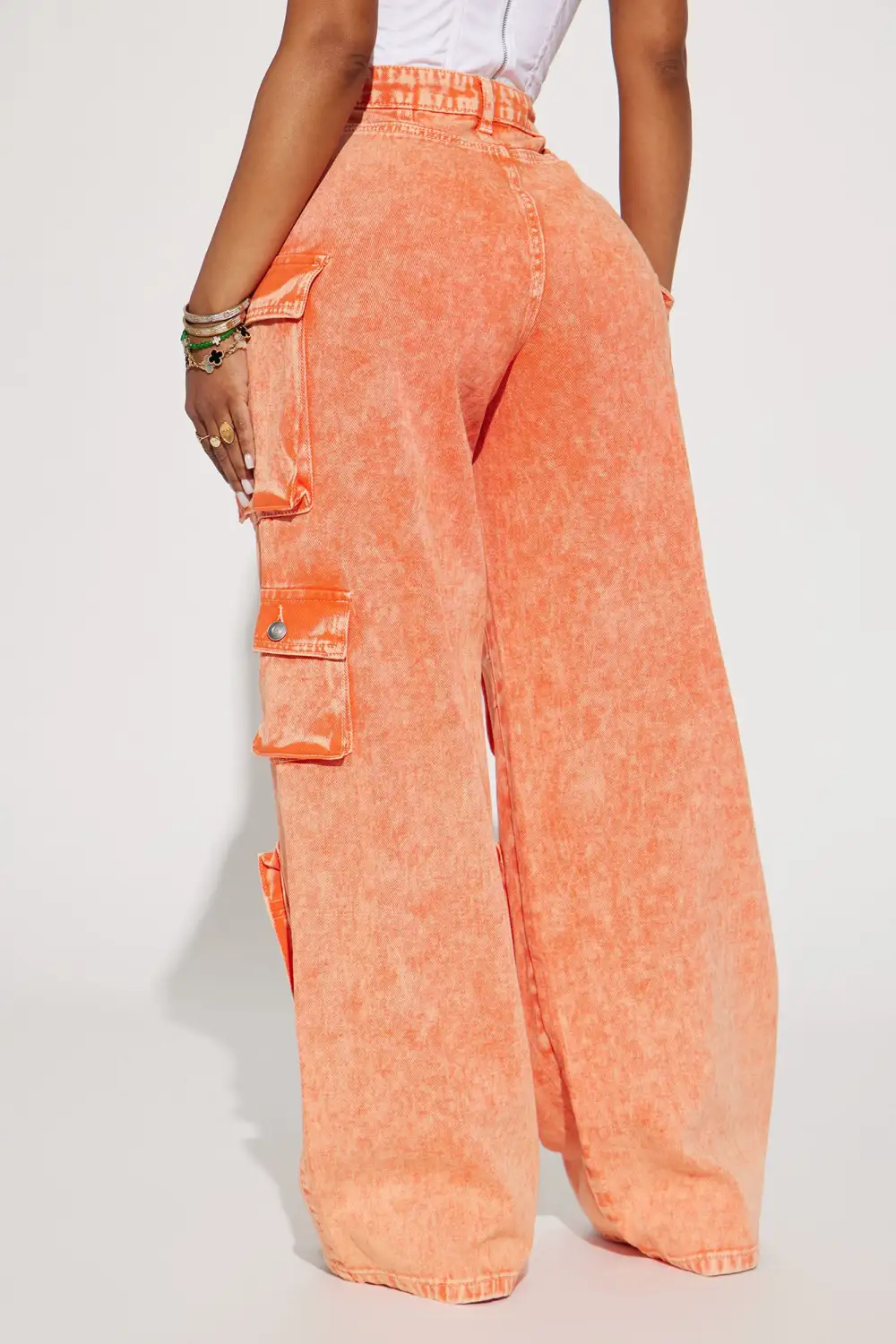 Lily High Rise Acid Wash Cargo Jeans - Orange-Aldronix