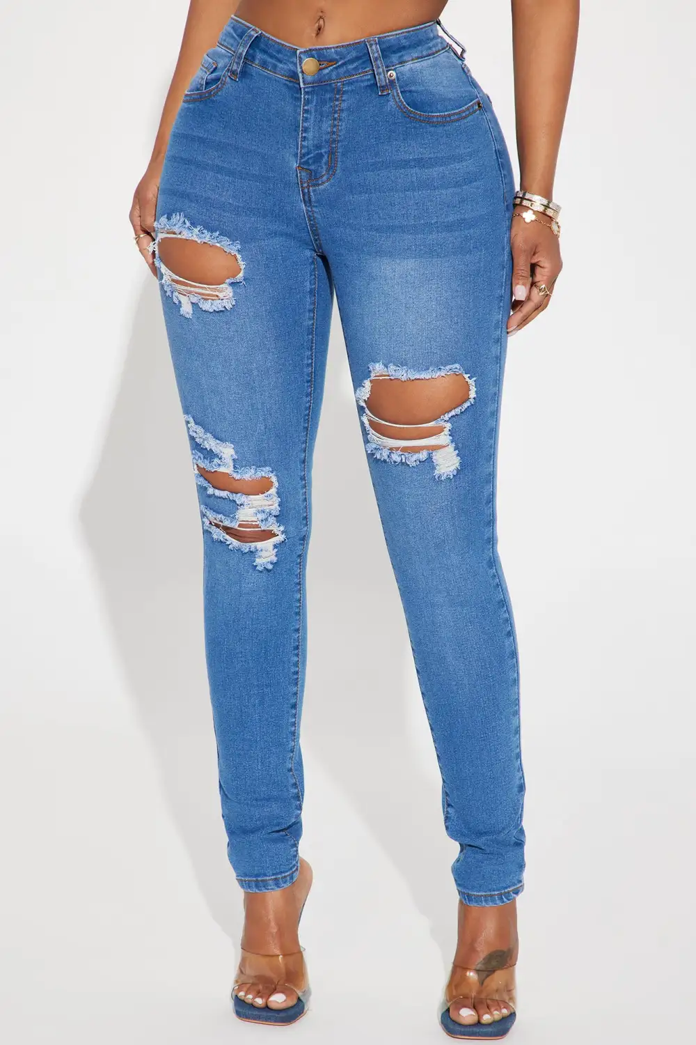 Molly Mid Rise Ripped Stretch Skinny Jeans - Medium Wash-Aldronix