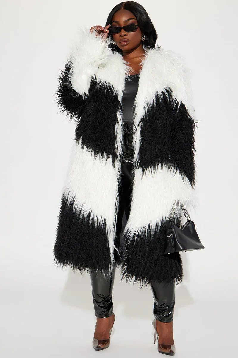 Divine Faux Fur Coat - Black/White-Aldronix