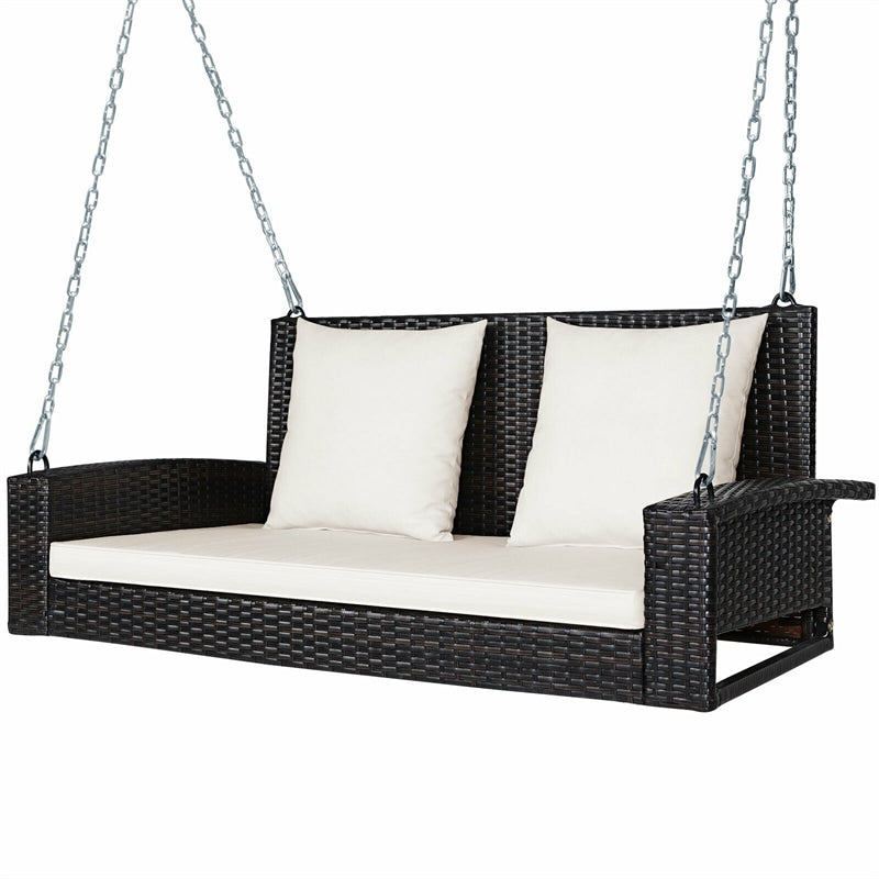 2-Person Outdoor Wicker Hanging Porch Swing Bench with 3 Cushions-Aldronix