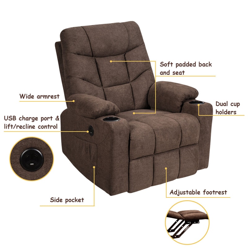 Power Lift Recliner Chair Fabric Electric Massage Reclining Sofa Elderly Lift Chair with 8 Point Massage Lumbar Heat USB Charge Port-Aldronix