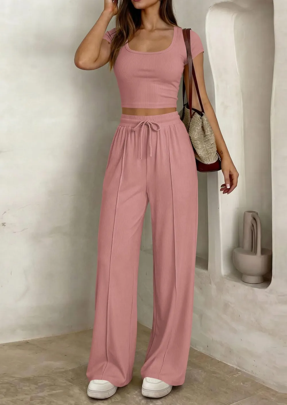 Women's 2 Piece Outfits Square Neck Crop Top High Waist Wide Leg Pants Loungewear Set-Aldronix