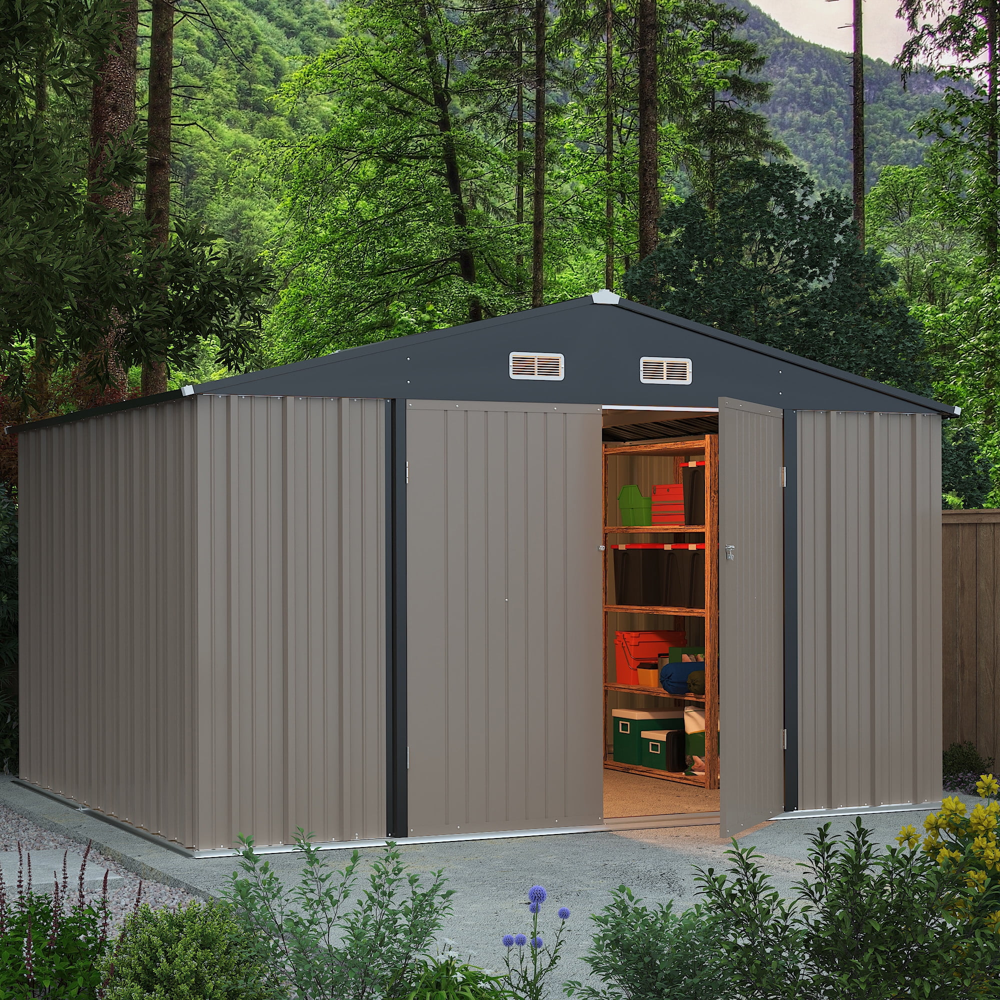 8'x10' Patio Metal Storage Shed Outdoor Storage Shed with Lockable Door Tool Storage Shed for Backyard,Brown-Aldronix