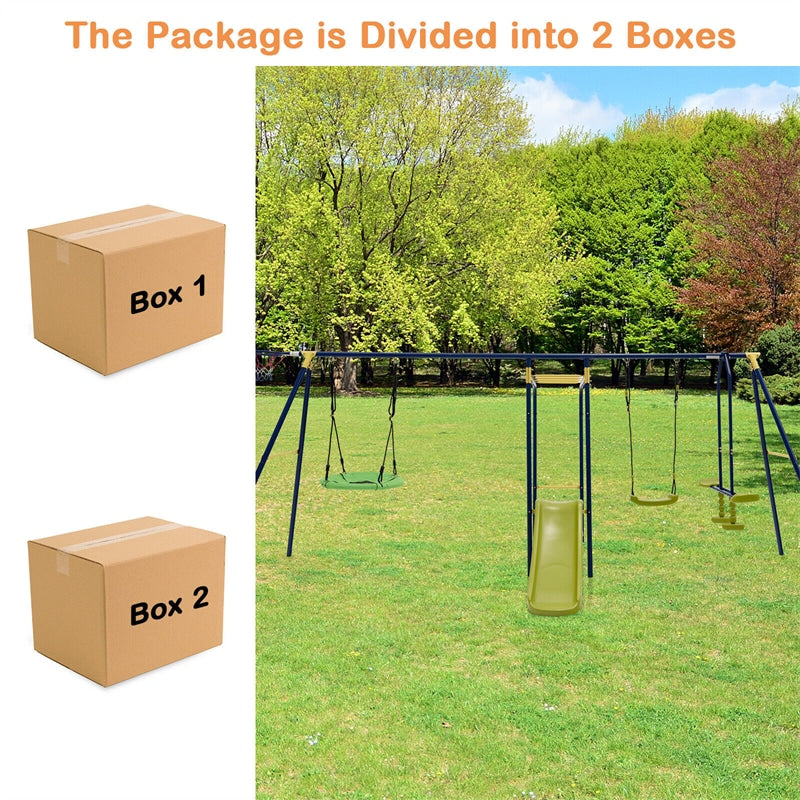 660 lbs Kids Swing Sets 7-in-1 Heavy Duty Backyard Swing Set Outdoor Playset with 2 Swings Glider Basketball Hoop Slide Gym Rings-Aldronix