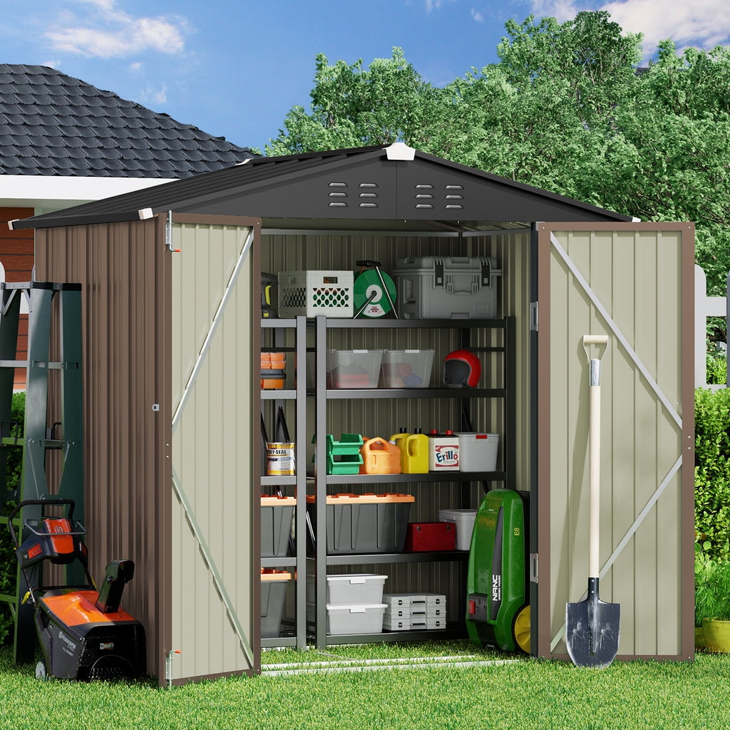 8 x 6 FT Outdoor Storage Shed on Clearance with Metal Base Frame and Double Lockable Doors for Garden, Patio - Gray-Aldronix