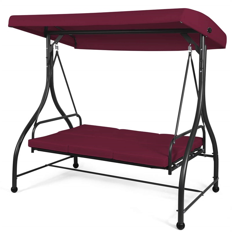 3 Seats Outdoor Patio Porch Swing Chair with Cushion Seat & Adjustable Tilt Canopy-Aldronix