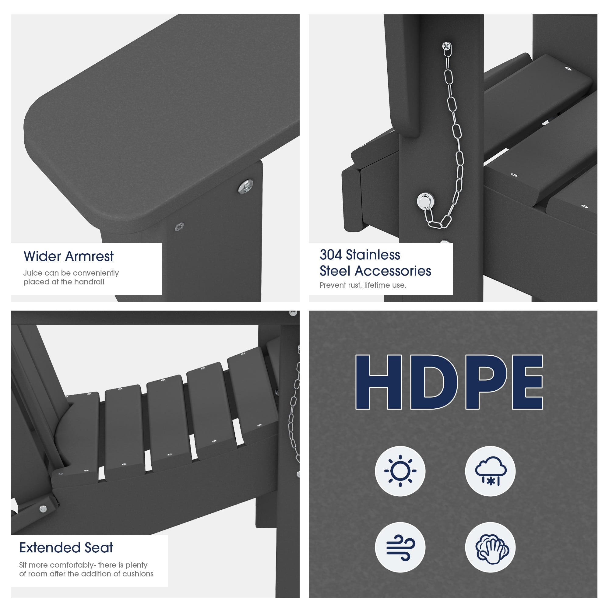 Outdoor Patio Folding HDPE Resin Adirondack Chair, Black-Aldronix
