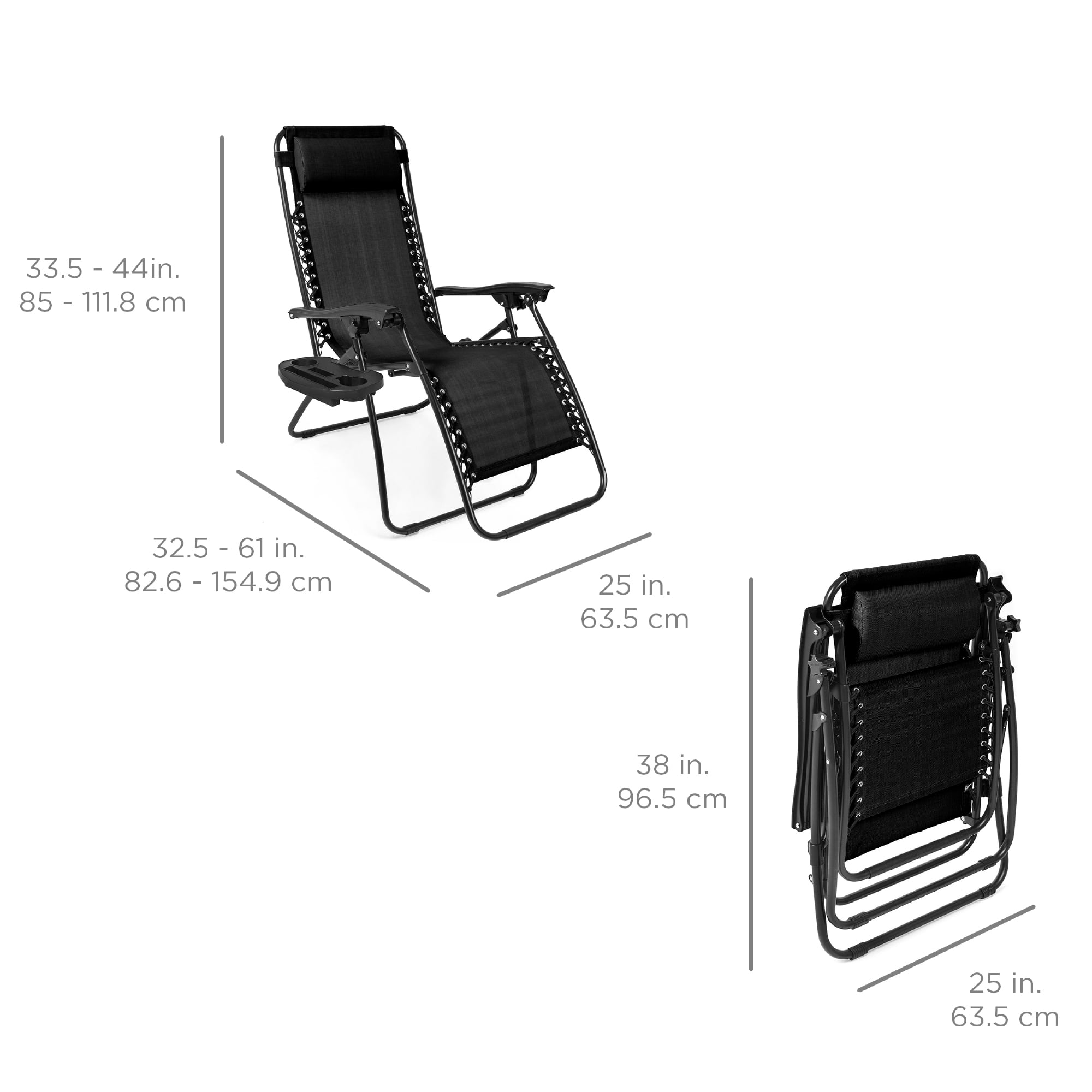 Set of 2 Zero Gravity Lounge Chair Recliners for Patio, Pool w/ Cup Holder Tray - Navy Blue-Aldronix