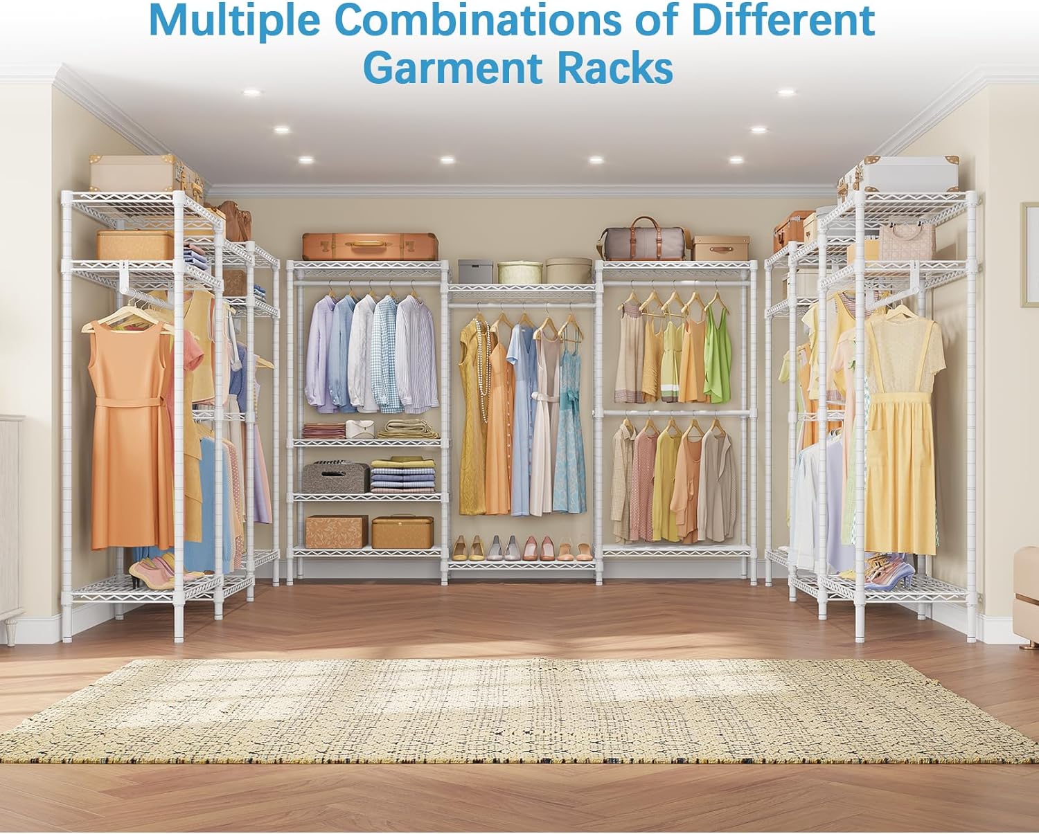 Portable Closet Wardrobe Heavy Duty Clothes Rack, with 4 Hang Rods & 8 Shelves, Adjustable Closet Racks, 68.9" L x 15.7" W x 76.4" H, Max Load 890LBS, Black-Aldronix
