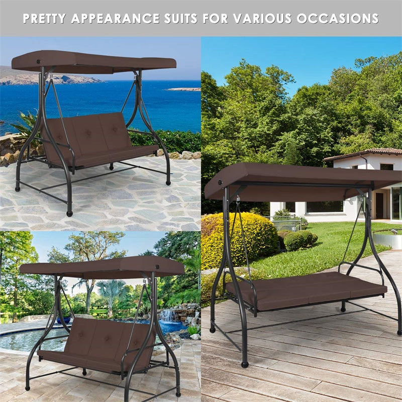 3 Seats Outdoor Patio Porch Swing Chair with Cushion Seat & Adjustable Tilt Canopy-Aldronix