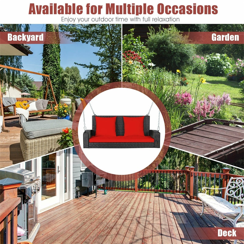 2-Person Outdoor Wicker Hanging Porch Swing Bench with 3 Cushions-Aldronix