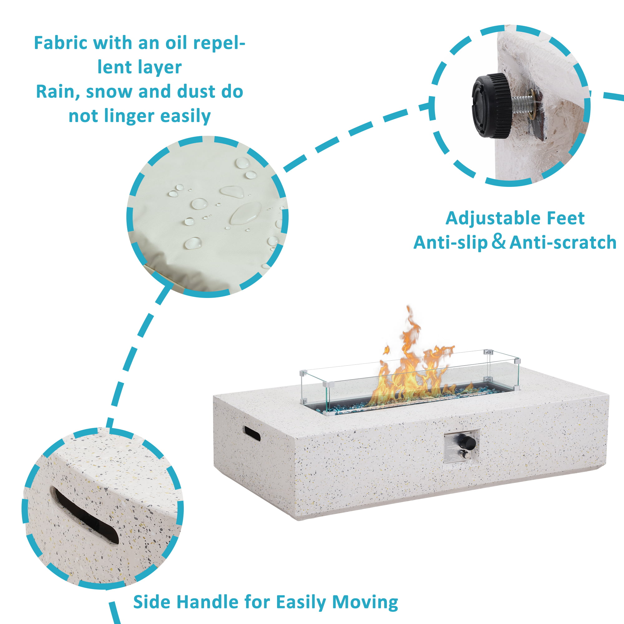 56 inch Concrete Propane Fire Pit Table, 50,000 BTU Outdoor Firepit Rectangular Table with Propane Tank Metal Stand, Fire Glass Beads and Waterproof Cover, White-Aldronix